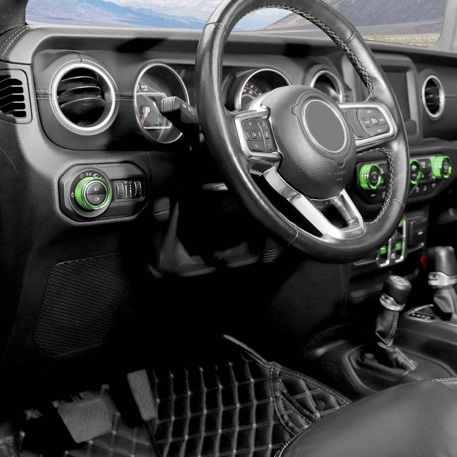 Jimen Fit for Jeep Wrangler JL JLU 2018-2025 & Gladiator JT 2020-2025, 8PCS Window Button Trim & Audio Volume Radio Knob AC Control Ring Air Conditioning Knob & Headlight Switch Knob Cover (Green)