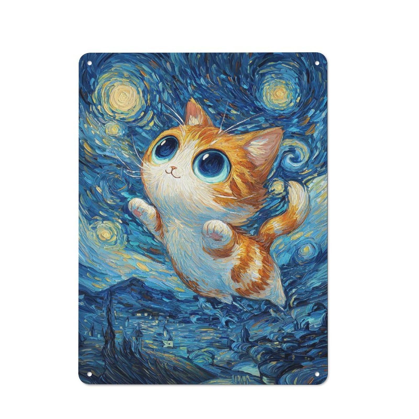 Junmoney Cat In Starry Night Style Country Style Decorative Metal Sign 40X30cm, Bistro Wall Plaque For Restaurant, Kitchen, Counter Or Breakfast Nook
