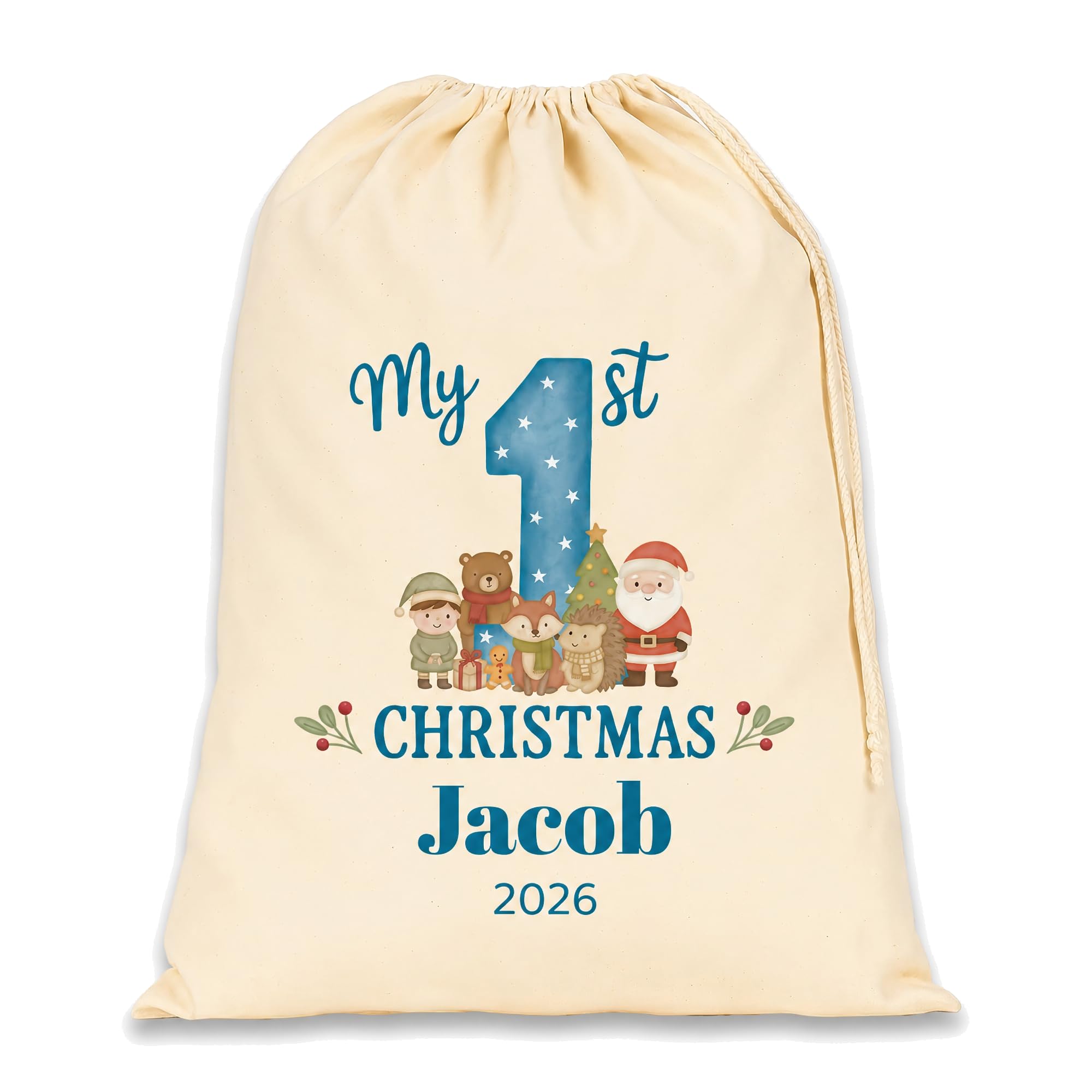 Chicken Craft Personalised Baby's First Christmas Santa Sack with Custom Name - My 1st Xmas Keepsake Gift for Boys or Girls (Blue, Medium)