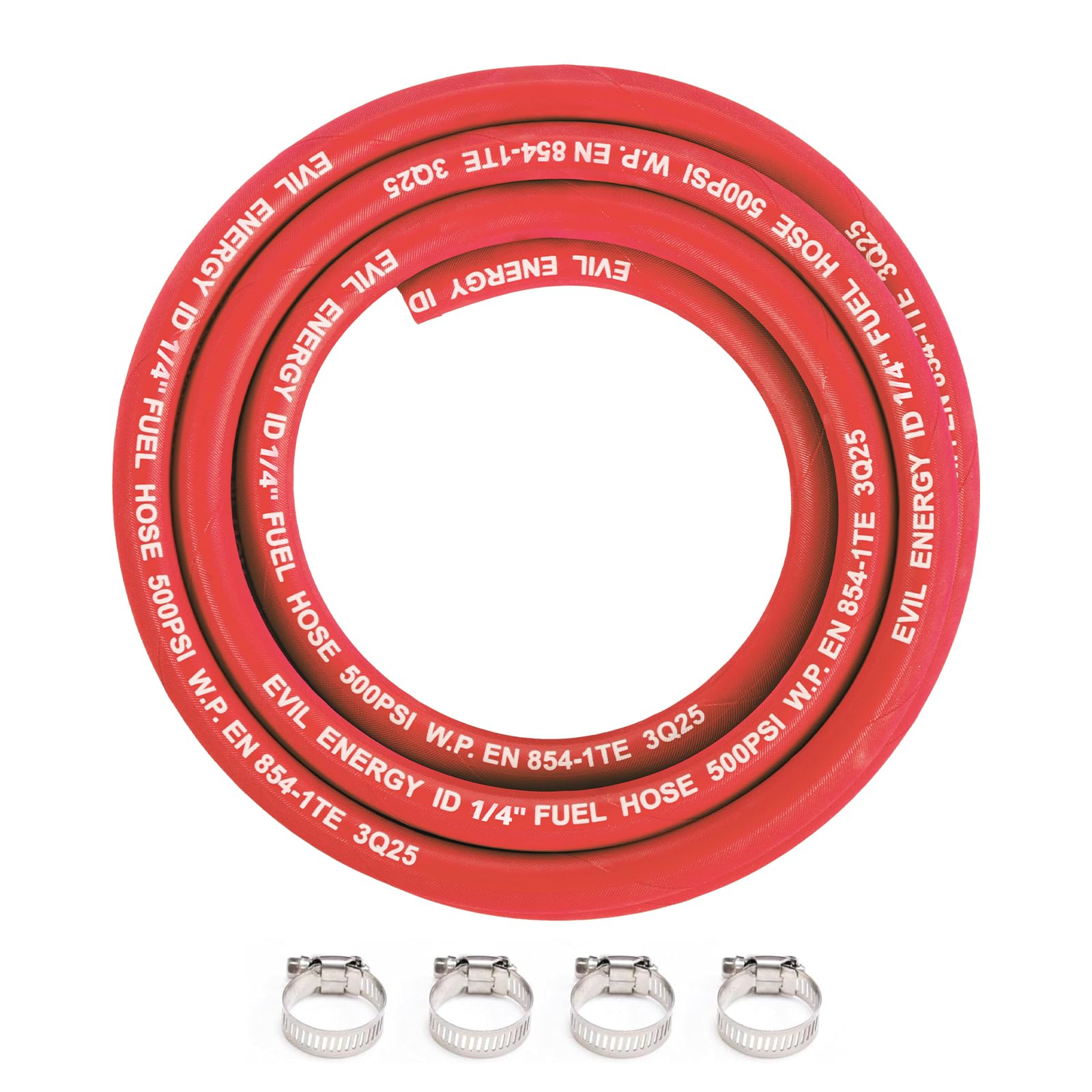EVIL ENERGY 1/4" High Pressure Fuel Line Hose 10FT 500PSI E85 for Fuel Systems Engines NBR Rubber EN854-1TE Red