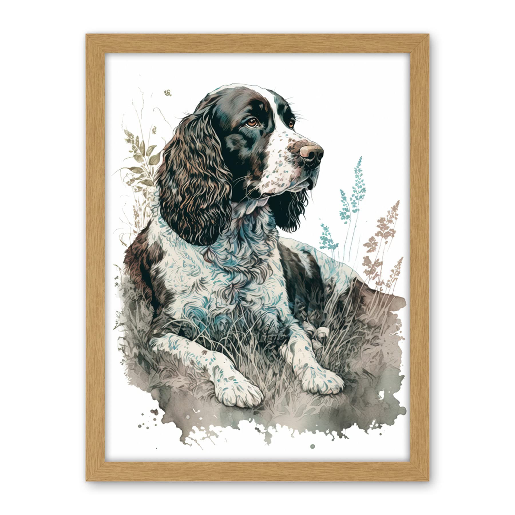 Artery8 English Springer Spaniel Dog Lying in Field Modern Watercolour Illustration Artwork Framed Wall Art Print 18X24 Inch
