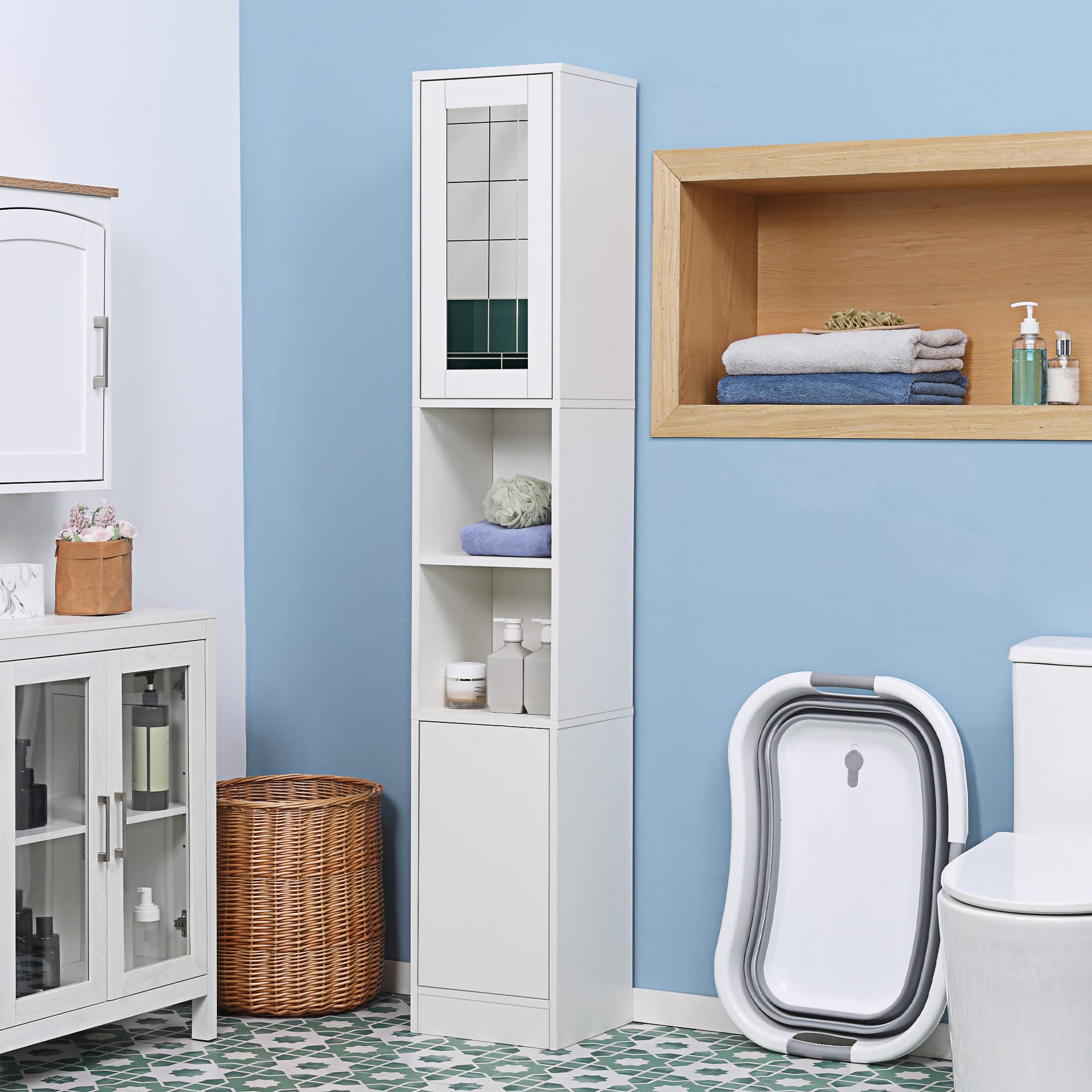kleankin Colonna Bagno Salvaspazio con Specchio e Apertura a Pressione, Mobile da Bagno Multiuso in Legno, 30x28x170cm, Bianco