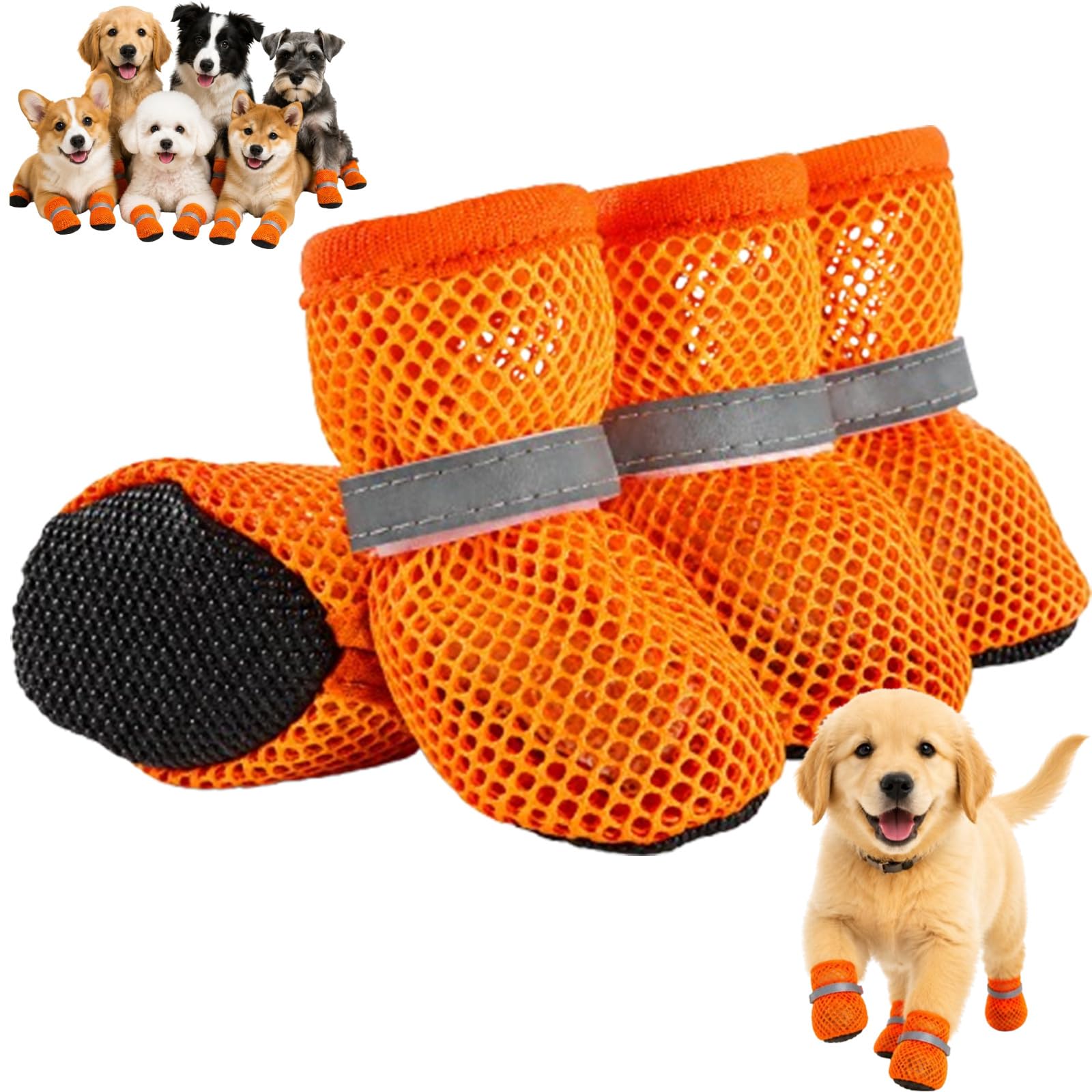 Summer Mesh Dog Shoes, Light Dog Boots, Breathable Mesh Upper, Anti Slip Sole, Reflective Straps, Paw Protection Fit，Orange：S