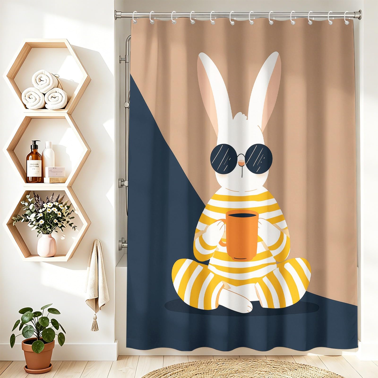 Générique Zasłona prysznicowa królika, zasłona prysznicowa 240 x 200 cm, odporna na pleśń, nadająca się do prania, kreskówkowa, zwierzęca, zasłony łazienkowe, wanna, z haczykami, brązowa