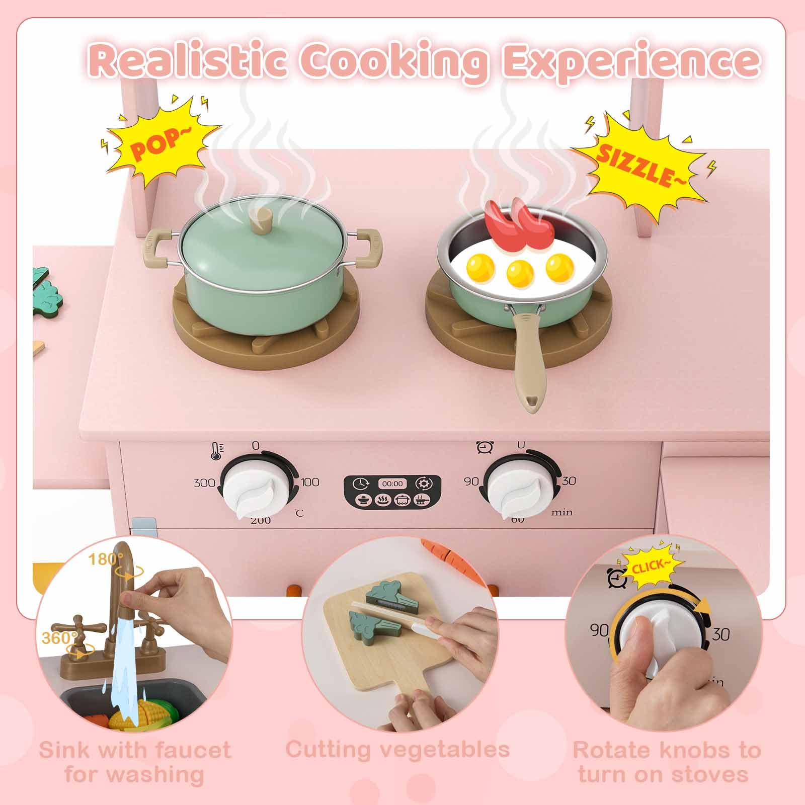 HOMASIS Cucina ad Angolo con Carrello Scorrevole, Luce e Suono, Cucina Giocattolo in Legno con Forno, Microonde, Macchina del Ghiaccio, Fornello, per Bambini da 3 Anni in su (Rosa)