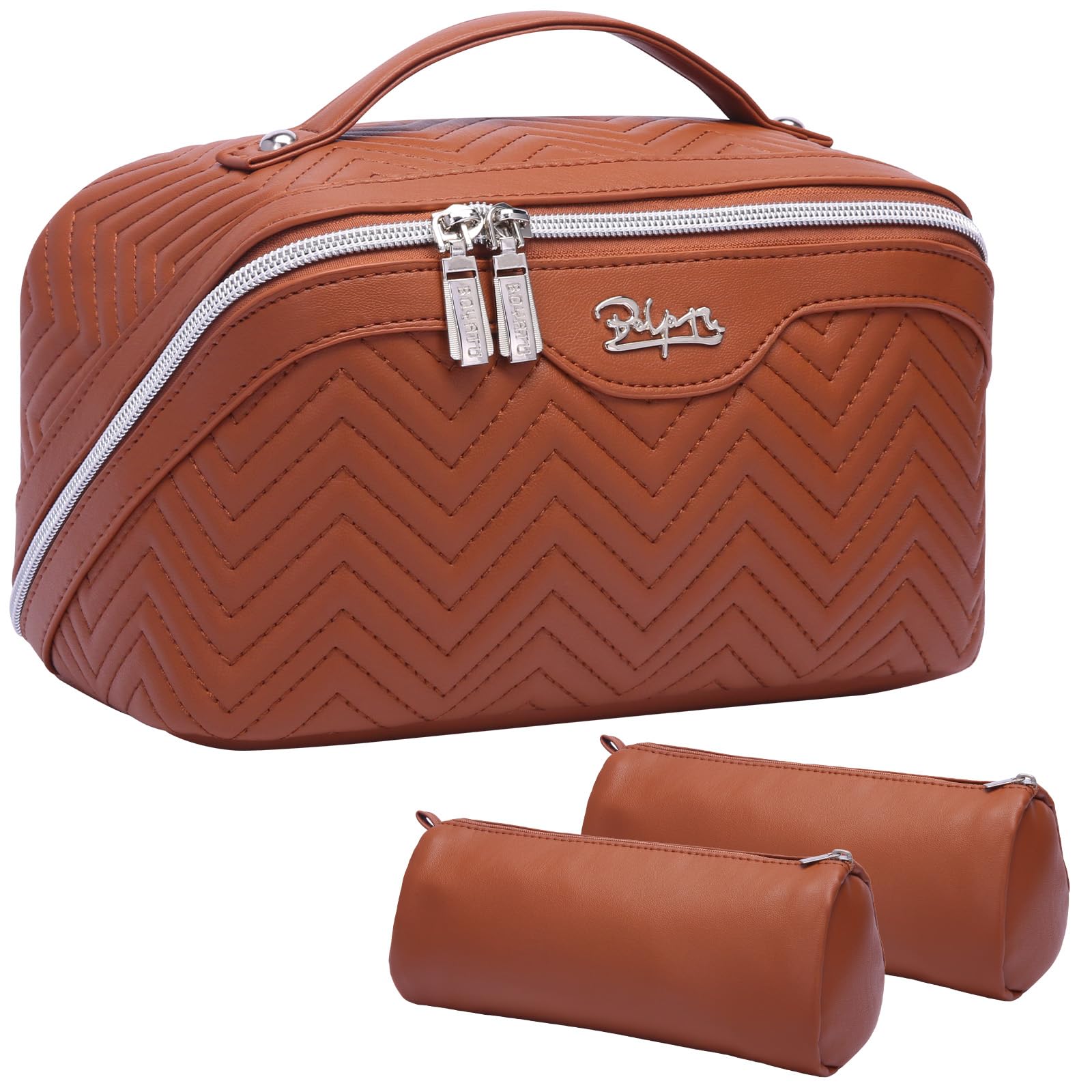 Travel Makeup Bags Cosmetic Organizer Bag: Quilted Make up Bag Set of 3 - PU Leather Toiletry Bags for Women - Portable Makeup Organizer with Compartments & Handle & Divider(14 Brown)
