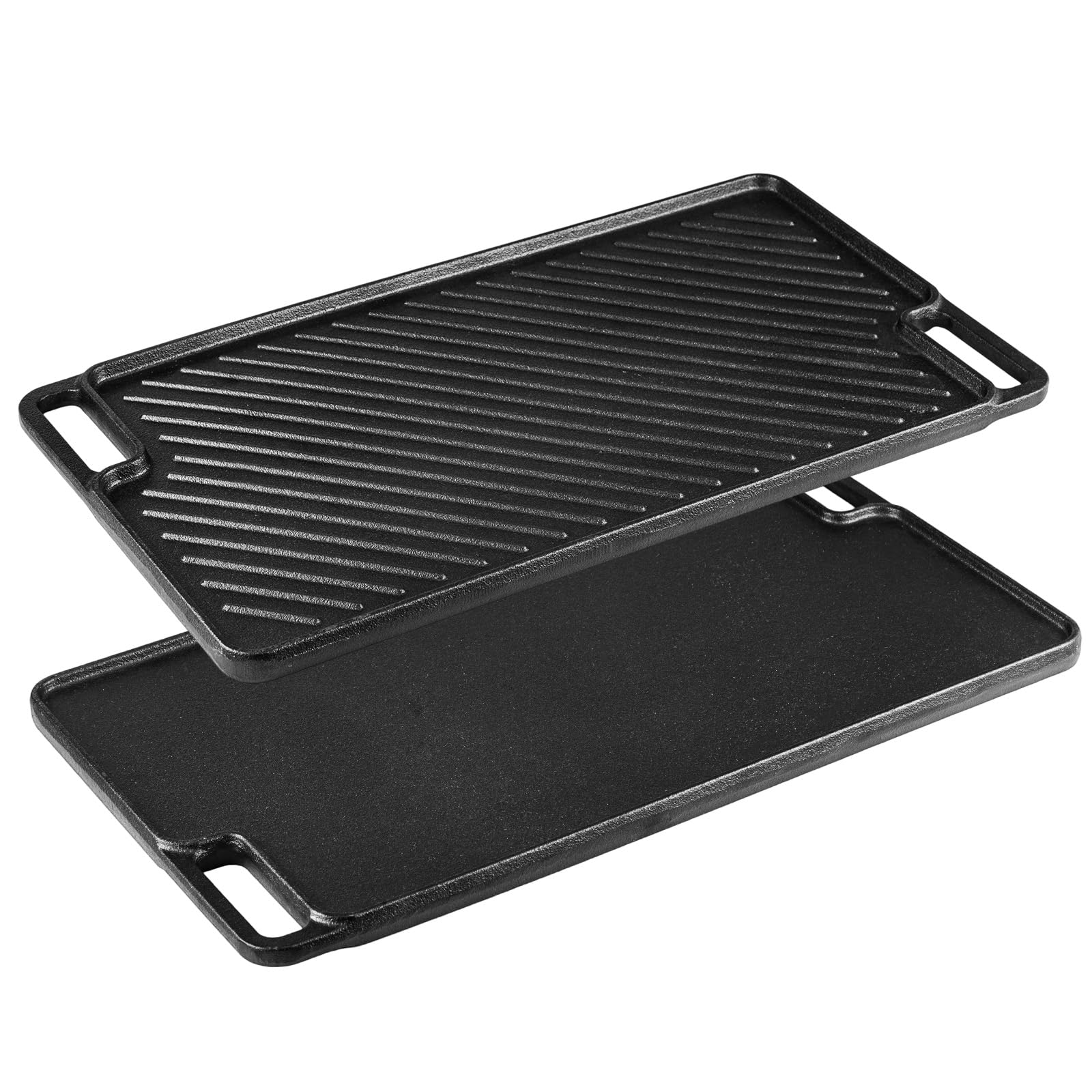 Cast Iron Griddle Pan, Double-Sided Non-Stick Pre-Seasoned BBQ Grill Pan for Gas, Electric, Induction & Oven Safe - 46x26cm Rectangular with Flat & Ridged Surfaces