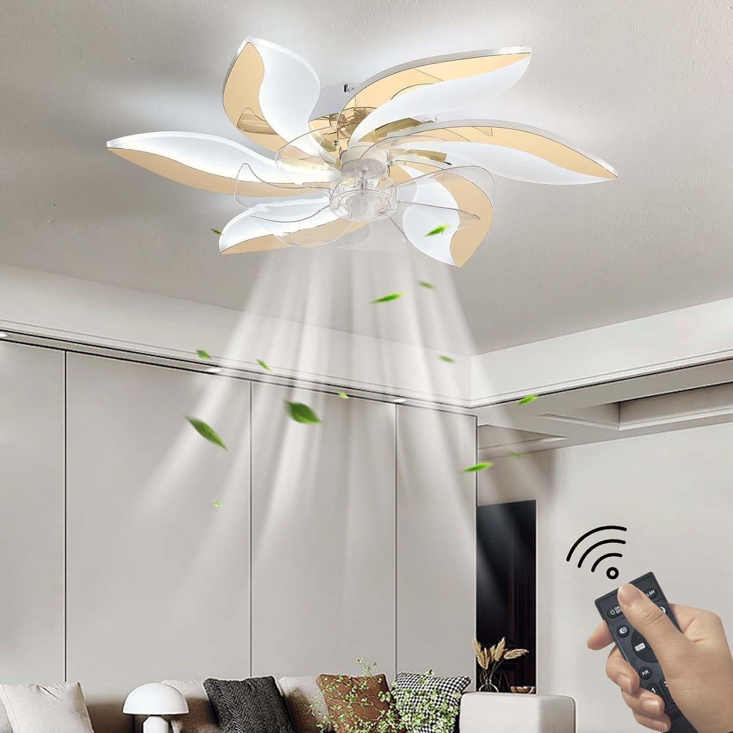 HXYSXHJUO Ceiling fan light LED Bedroom Fan Light with Lighting Timer Reversible Pinwheel Shape Dimmable 6 Speed Silent 60 Watt - Gold (Gold)