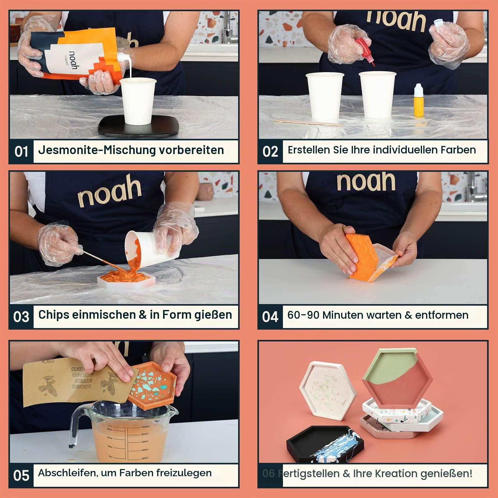 noah Jesmonite & Terrazzo Starterkit - Enthält Silikonformen, Farben, Handschuhe, Schleifpapier, Becher und Rührstäbchen – Geschenkidee (Gesichtstopf/Neutral)
