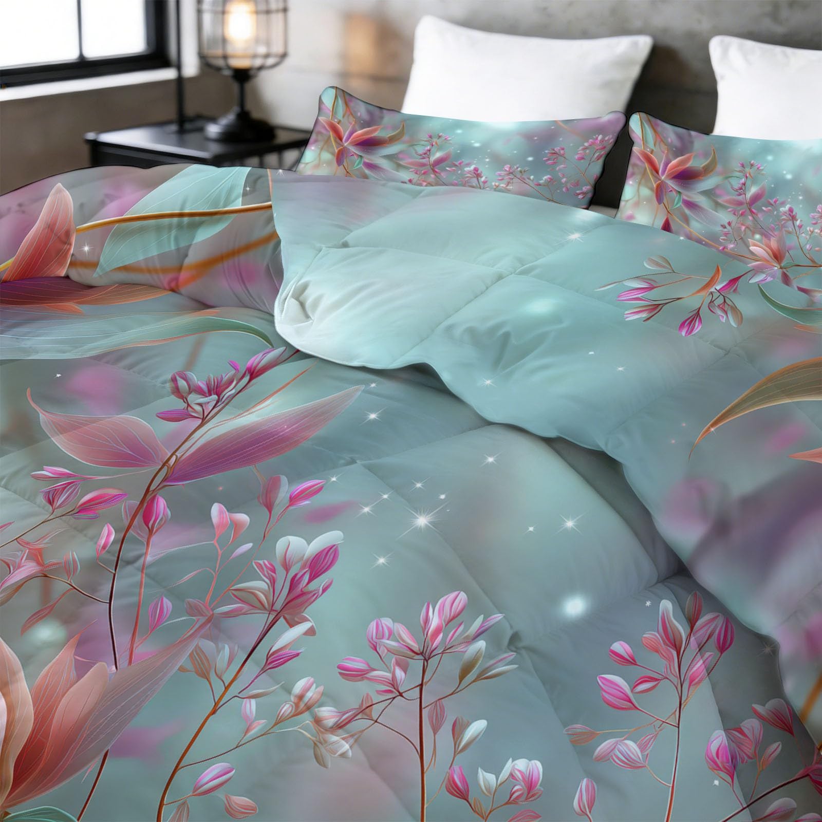 Set Trapunta 3 Pezzi 150x200 cm Piante fantasia fiori Piumone Letto 4 Stagioni, Trapuntino Anallergico Soffice, Copriletto Trapuntato Moderno per Adulti Bambini