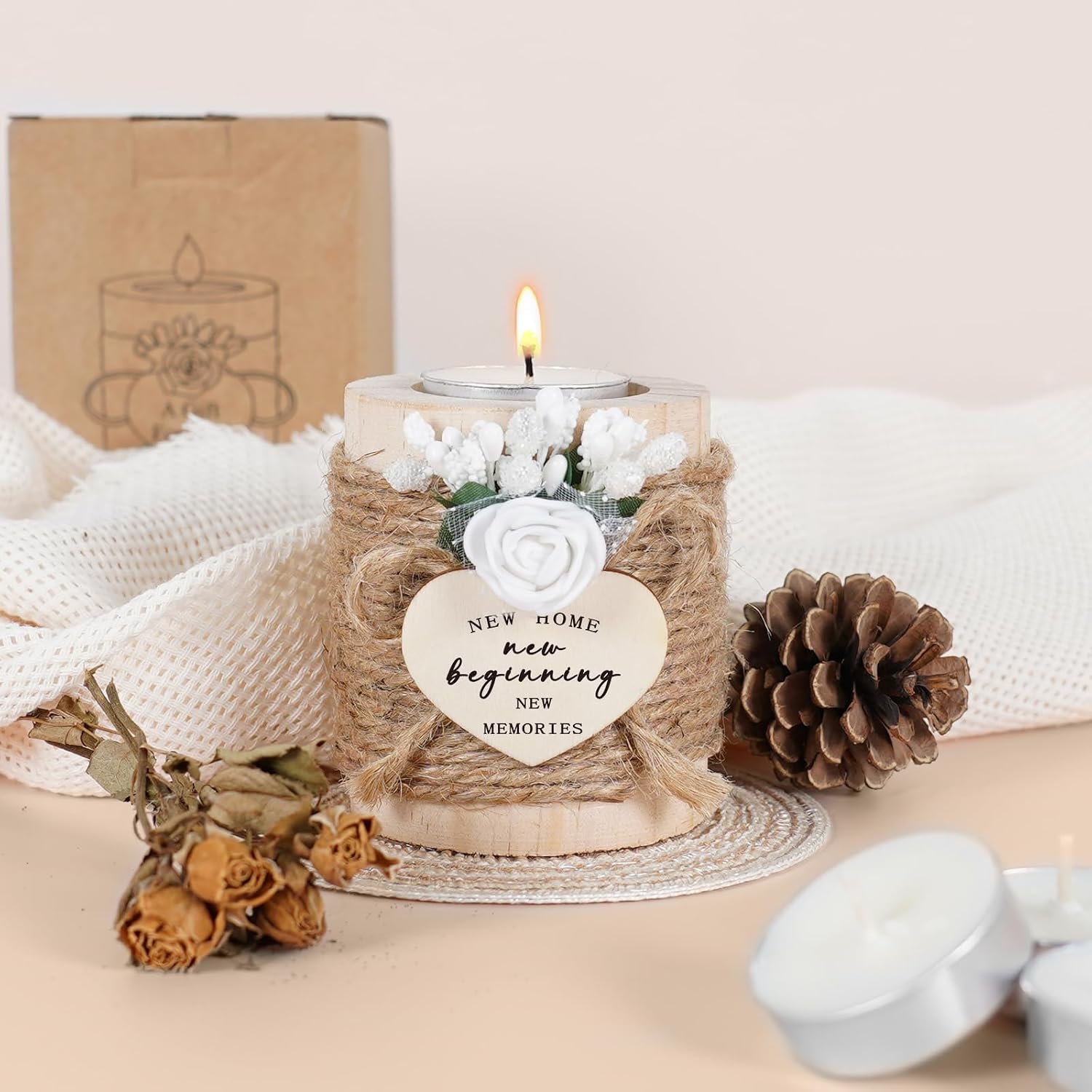 House Warming Gifts - New Home Gifts for New Homeowners, Women, Friends, Family, Wooden Candle Holder Set with 4 Tea Lights & Candle Mats - New Beginning Warming Gift Ideas for Party Decor