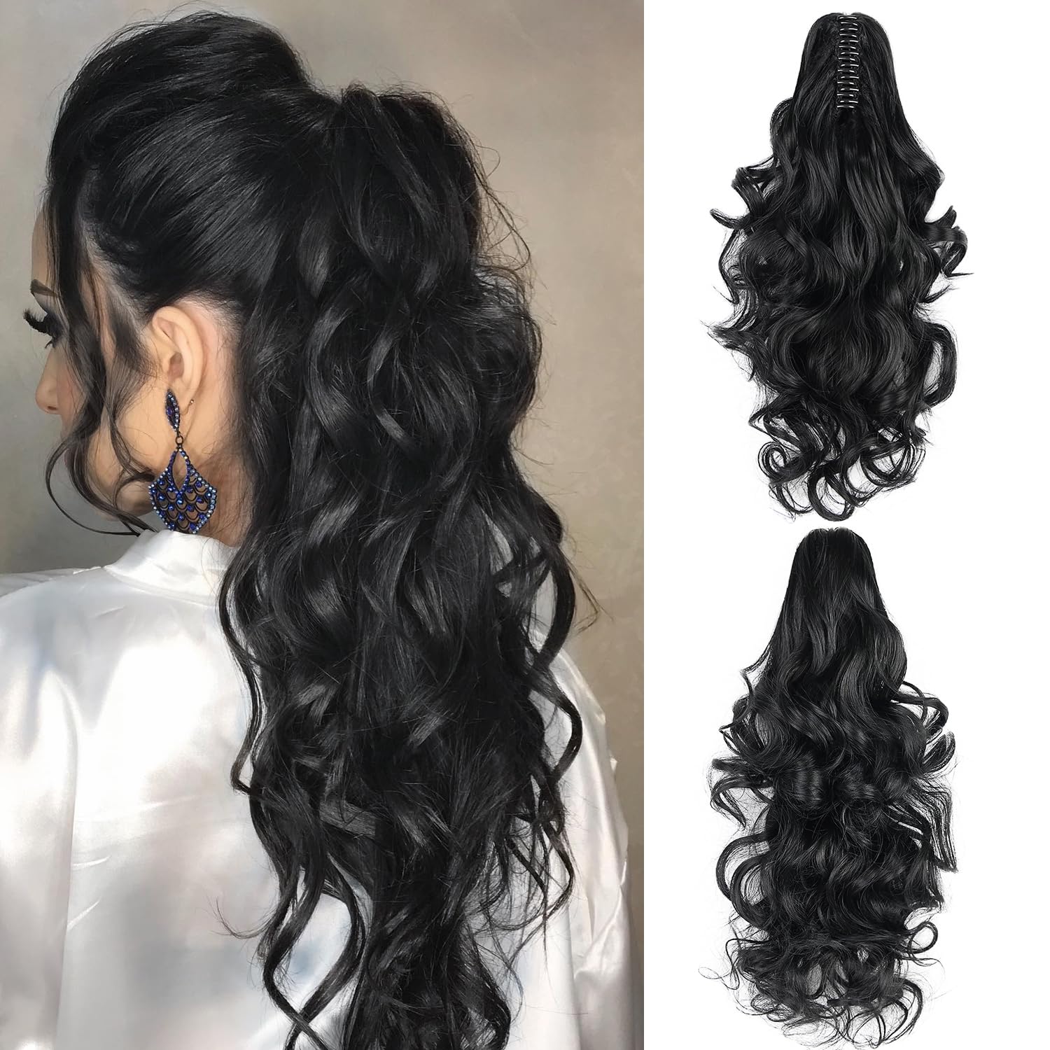 BLUSHIA Wavy Ponytail Extension,22inch Claw Clip in Ponytail Extension, Wavy Curly Claw Clip in Ponytail Hair Extensionsn, Synthetic Fake Ponytail Hairpiece for Women