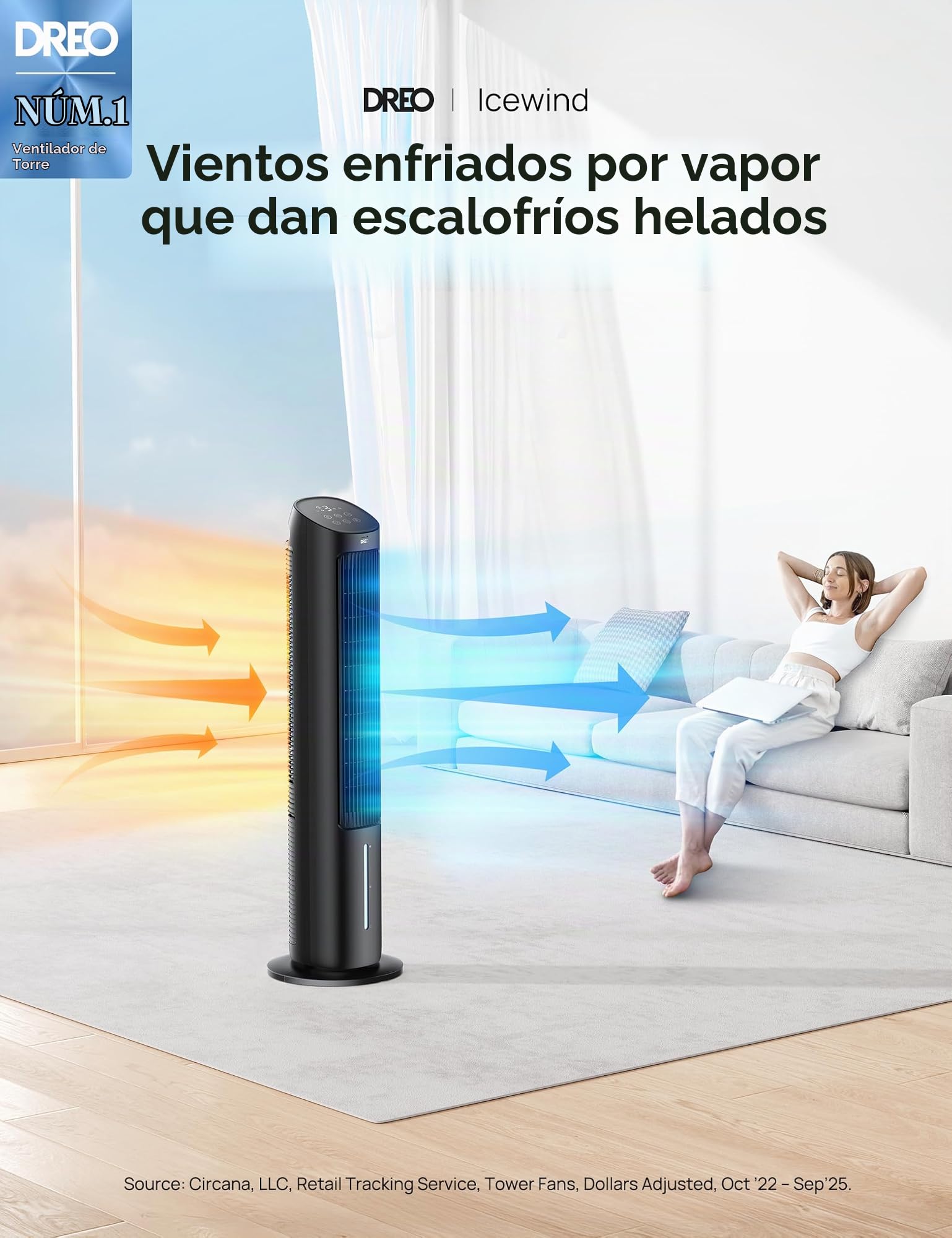 Dreo - Ventilador de torre para recámara, enfriador de aire evaporativo de 40 pulgadas, ventiladores de refrigeración que soplan aire frío con oscilación de 80°, tanque de agua extraíble, 3 modos de 4