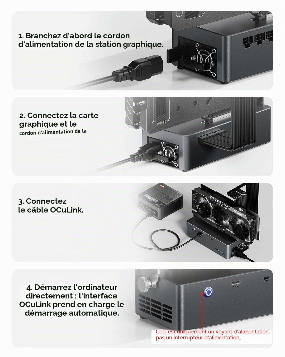 AOOSTAR AG02 eGPU Station d'accueil avec connecteur Oculink, Dock carte graphique externe GPU, prise en charge USB4.0 alimentation arrière 100W, bloc d'alimentation 800W intégré, pour GPU jusqu'à 500W