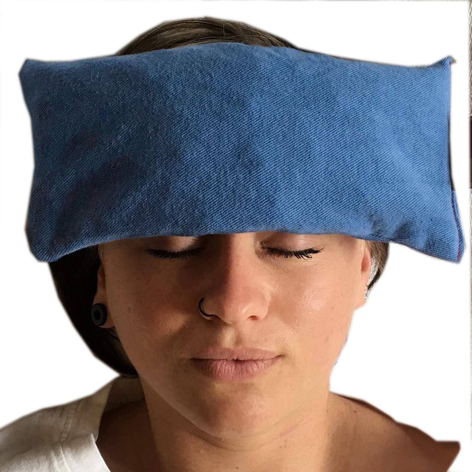 Eye Pillow Blue Denim Cherry Pit-Stone Pack, Microwavable Hot/Cold Compress, Sustainable Heating Pad, Moist Heat, Headache Pain Relief, Spa Yoga Gift