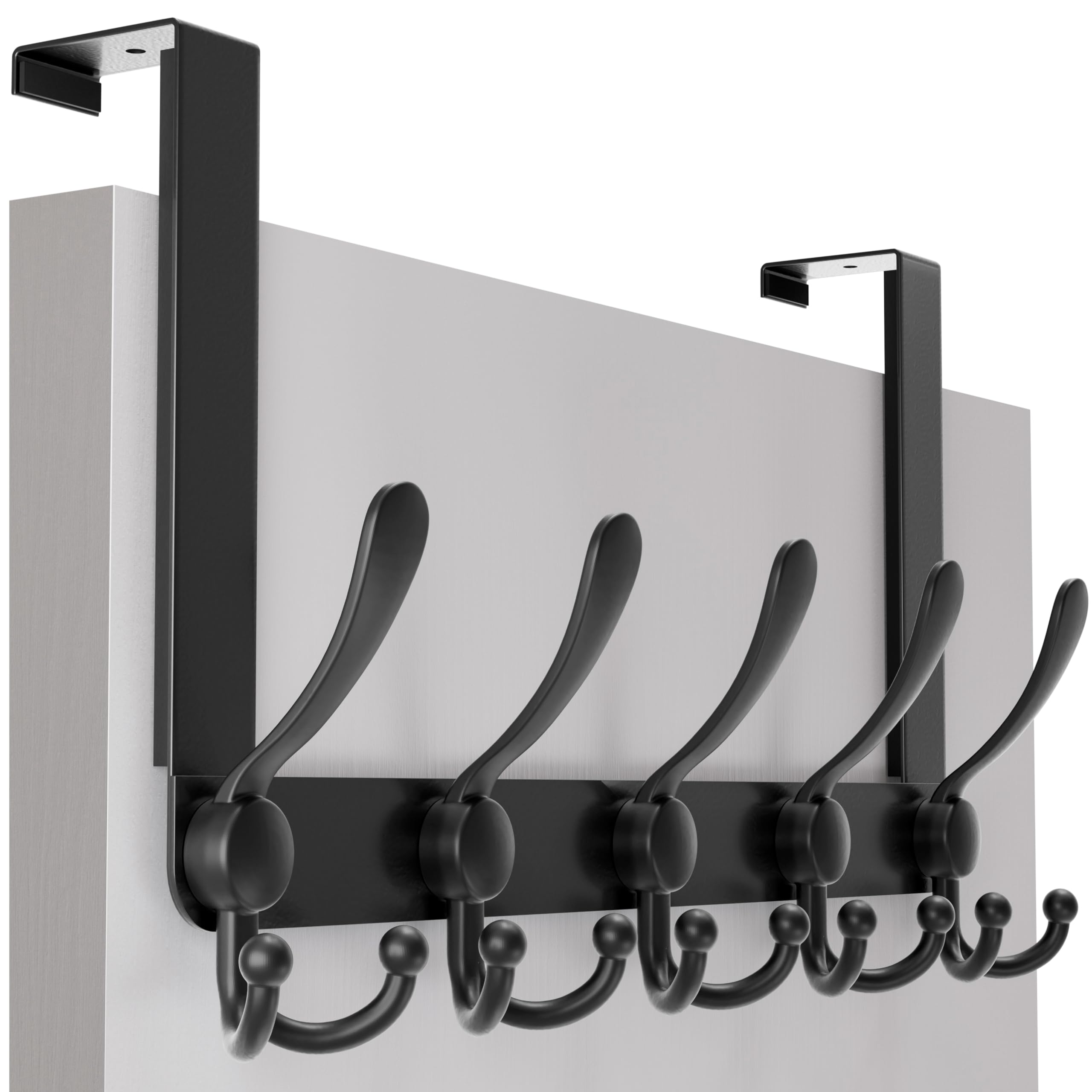 SKOLOO Over The Door Hook - for Doors up to 1-3/4'' Thickness, Metal Door Hanger with 5 Triple Hooks, Black Over The Door Hanger for Coats, Hats, Towels, Assembly Required