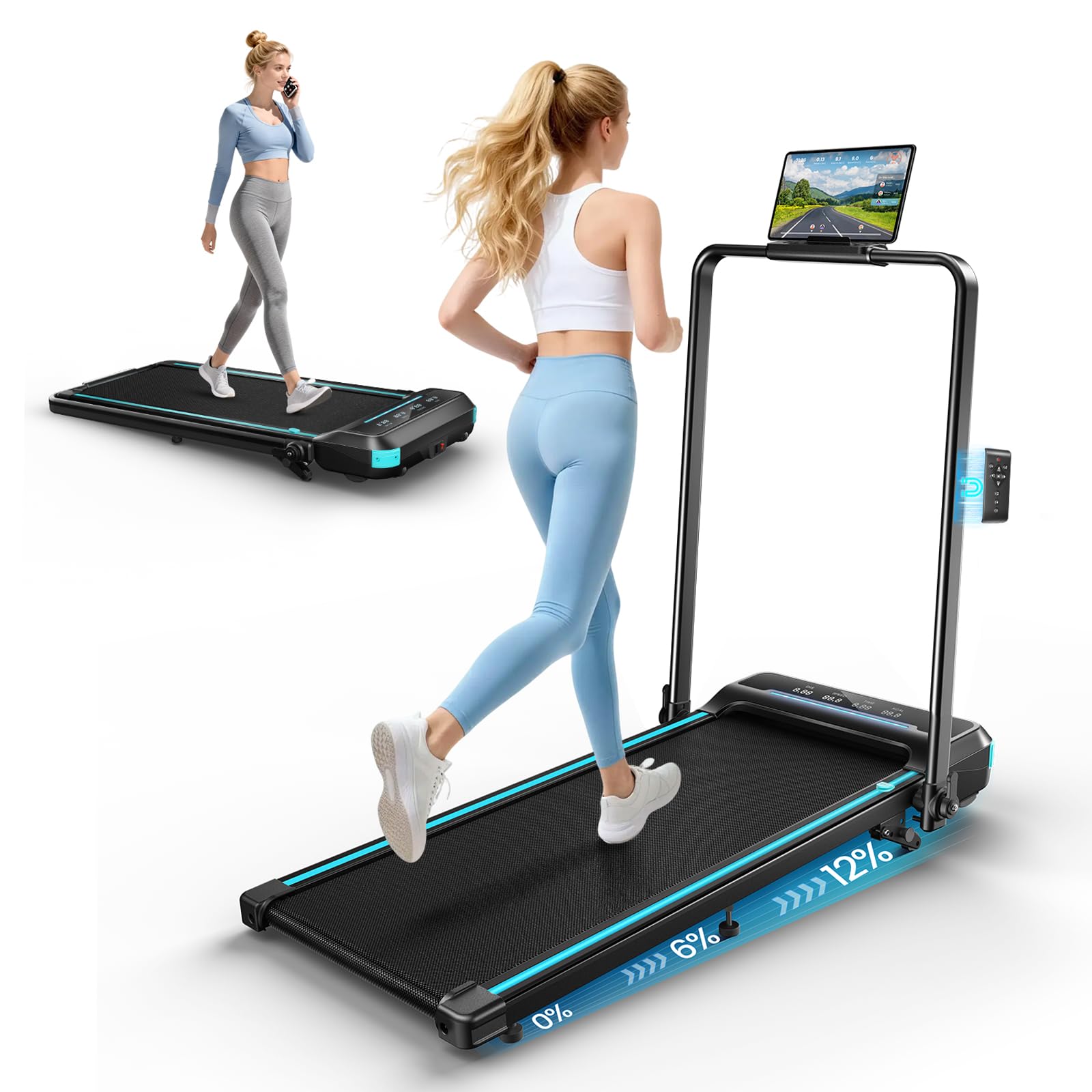 YIMUYIMU Treadmill for Home Foldable, 12km/h Folding Treadmill with 12% Incline, 2.75HP Quiet Walking Pad with Handle Bar, Bluetooth App & Magnetic Remote Control, 300LBS Capacity, LED Display