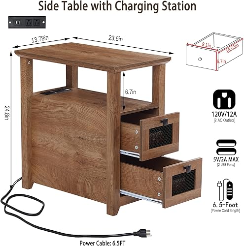 Miniatura 10 de Farmhouse - Mesa auxiliar XXL con estación de carga, mesa auxiliar estrecha con puertos USB y tomas, mesita de noche con 2 cajones de