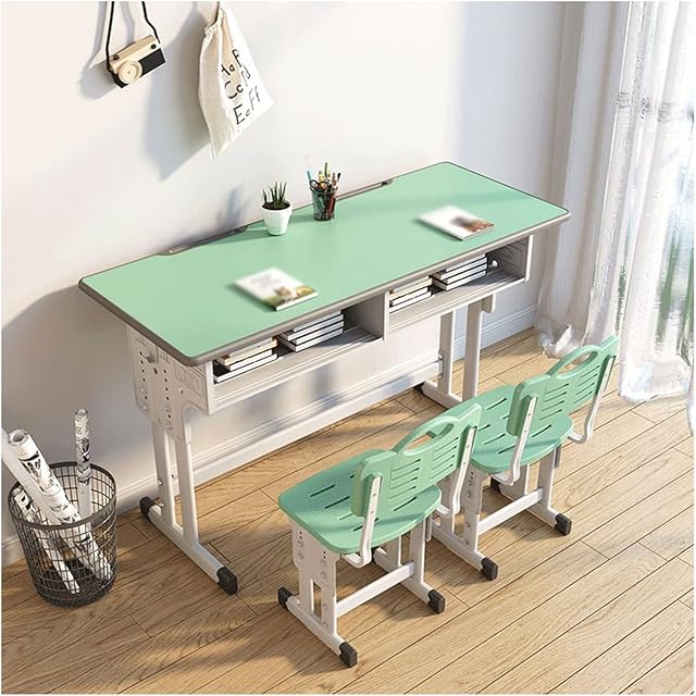 TOMYEUS Study Table Kids Table Children's Study Desk Home Double Desk can Lift Simple Children's Writing Desk Primary and Secondary School Desktop Chair Set Desk With Shelf (Color : C)