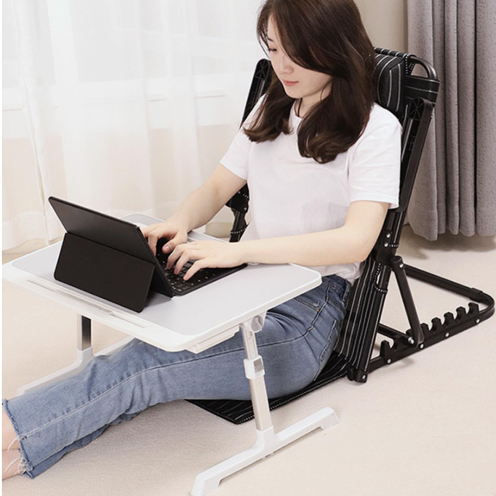 Brrnoo Respaldo de Cama Elevable Ajustable con Almohada para la Cabeza Reposabrazos,Soporte para la Espalda Cama Plegable, Respaldo de Lectura Raya Azul Oscuro Respaldo de 70 Cm de Altura