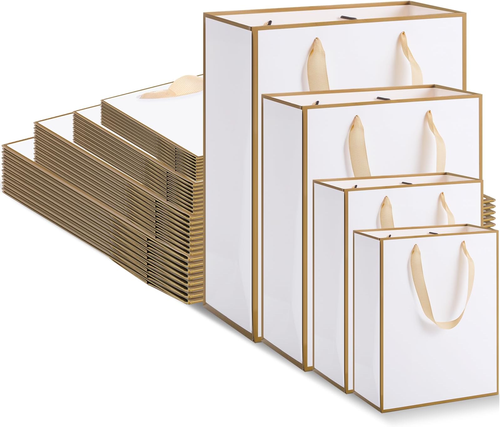 PerKoop 40 Pack Kraft Gift Bags Handled Paper 4 Sizes Goodie Bags with Handles Gift Wrap Recyclable Dessert Shopping Sacks for Birthday Baby Shower Wedding Valentines Day Easter(Vertical,White Gold)