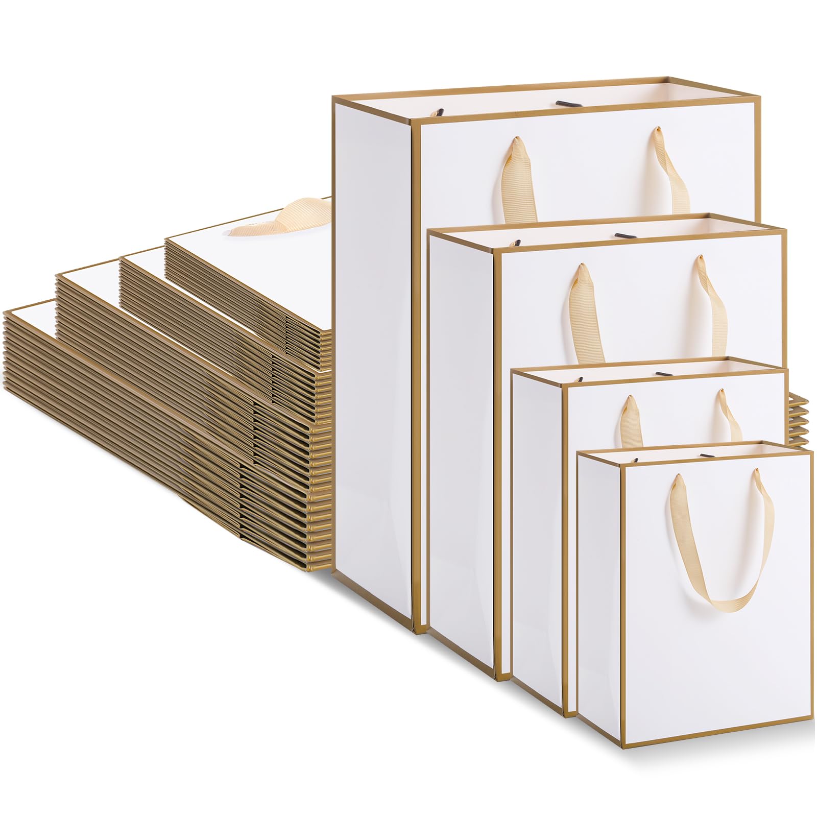 PerKoop 40 Pack Kraft Gift Bags Handled Paper 4 Sizes Goodie Bags with Handles Gift Wrap Recyclable Dessert Shopping Sacks for Birthday Baby Shower Wedding Valentines Day Easter(Vertical,White Gold)