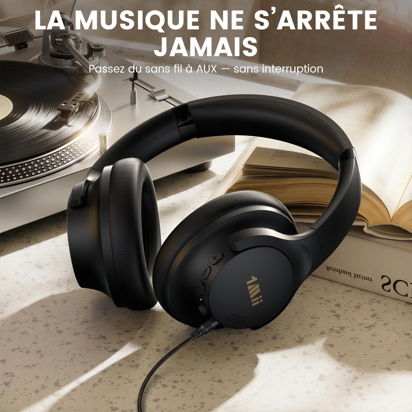 1Mii Y8 Casque Bluetooth sans Fil 6.0 Réduction de Bruit Active, Casque Audio Hi-Res Anti Bruit, 100H d'Autonomie, Basses Profondes, Confortable, IA Chat Vocal, EQ Personnalisable Via App - Noir