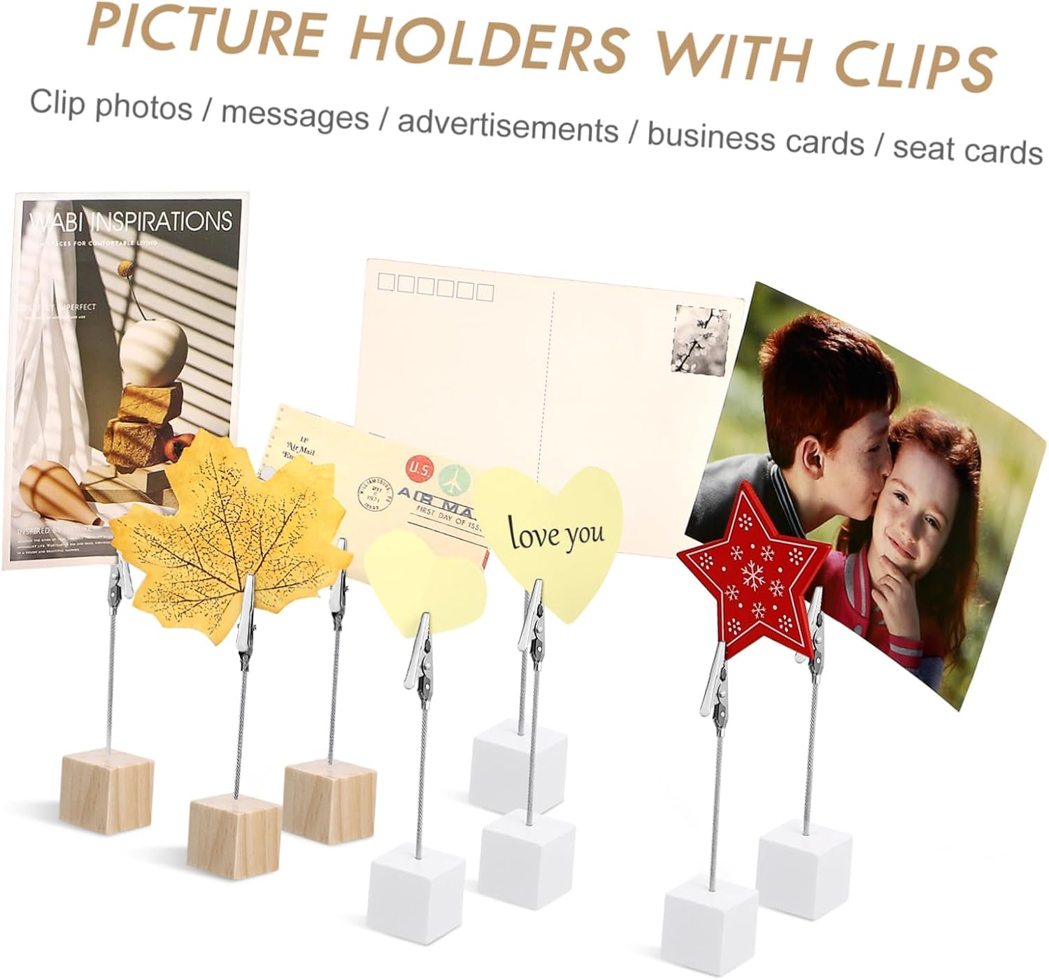 20pcs Table Card Holders with Clips Wooden Photo Clip Stands for Menus Notes and Signs Stylish Memo Holders for Home Office Parties and Events White Natural Wood