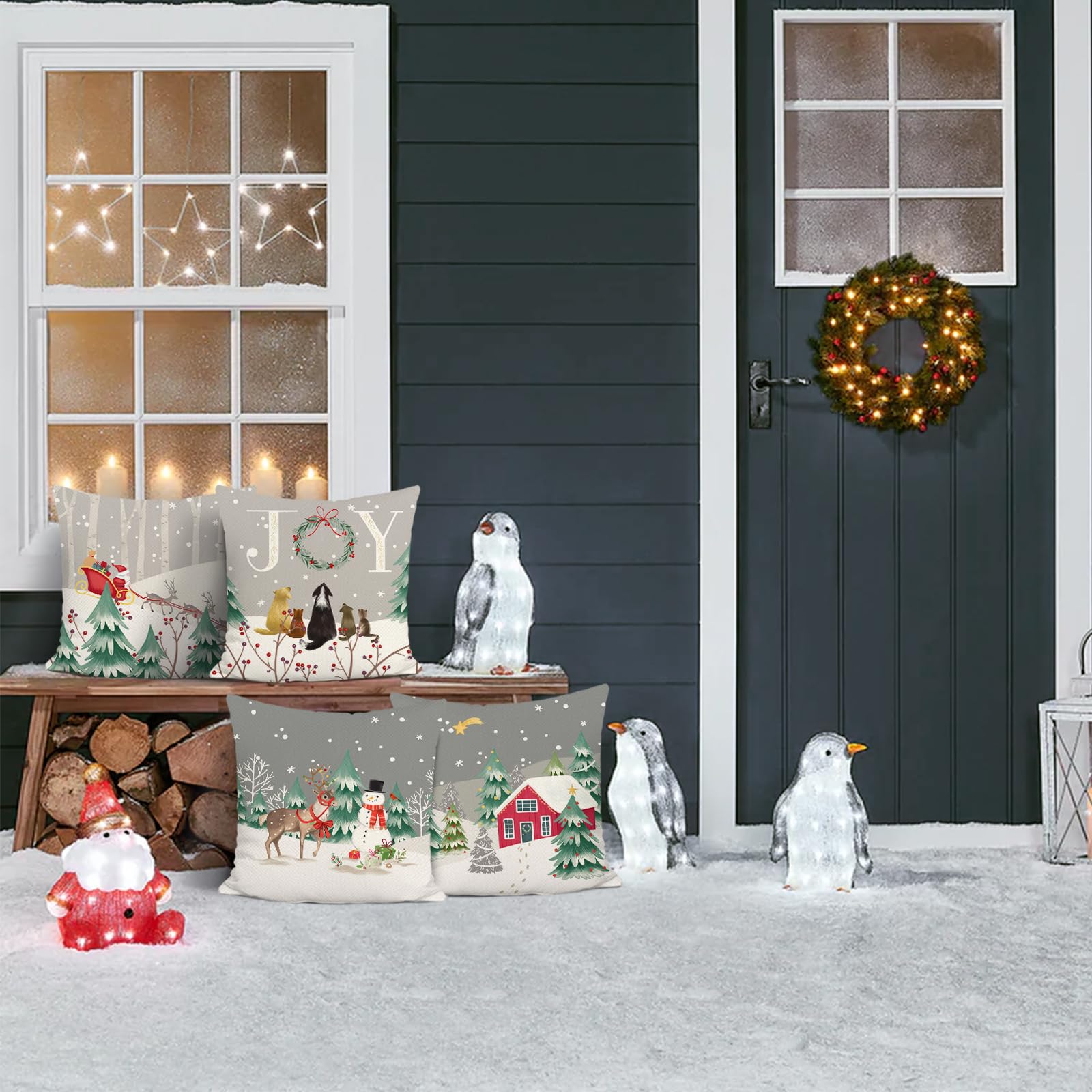 Weihnachts-Kissenbezüge 4er Set - 45x45cm Mit Schneemännern & Rentieren - Baumwoll-Leinen Winterdekoration