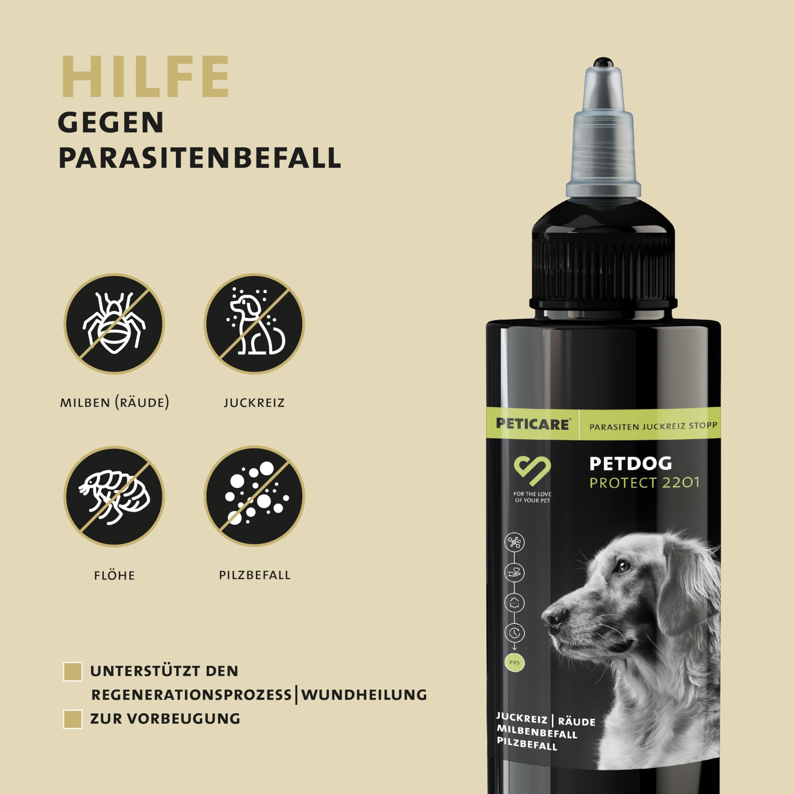 Peticare Anti-Parasiten Mittel für Hunde | gegen Milben, Flöhe, Pilze | lindert effektiv Juckreiz & unterstützt Regenerationsprozess | einzigartiges PRS® System für lange Wirkung – petDog Protect 2101