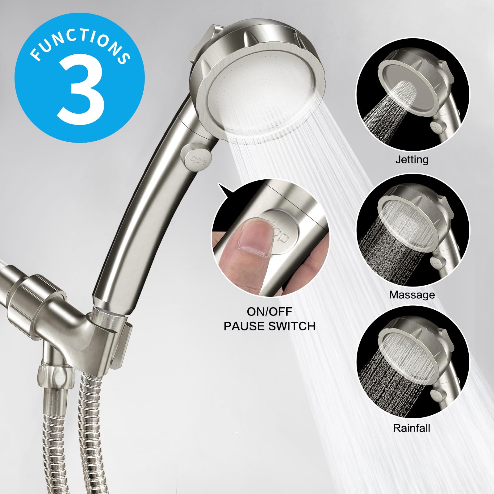 KAIYING Pommeau de douche haute pression en nickel brossé avec interrupteur marche/arrêt, 3 modes de pulvérisation, support d'angle réglable et tuyau