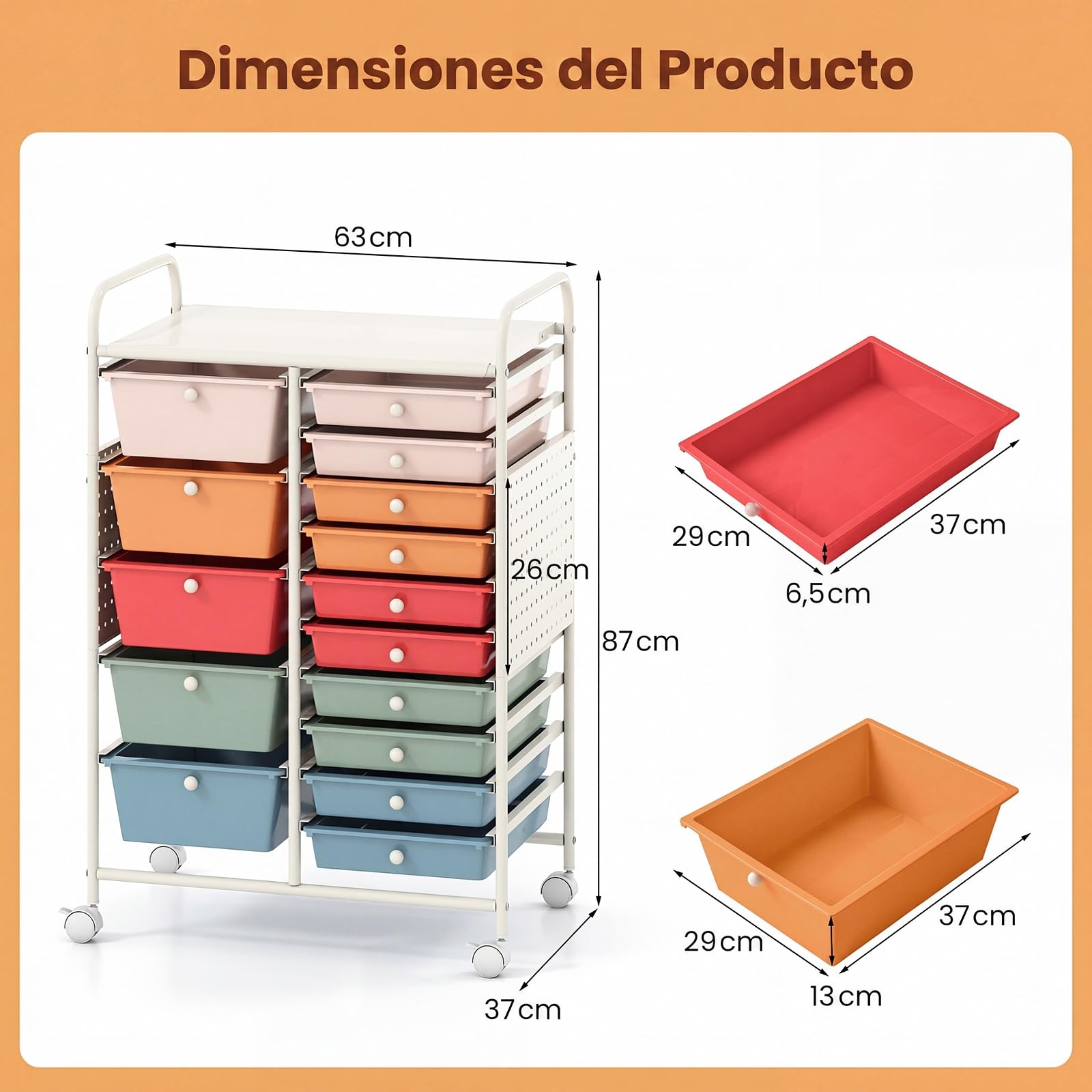 COSTWAY Carro de Almacenamiento con 14/15 Cajones, Carrito Auxiliar de Plástico con Tablero Perforado, Ruedas con Freno, Estructura de Metal, Organizador Rodante para Hogar Oficina (Macaron,15)