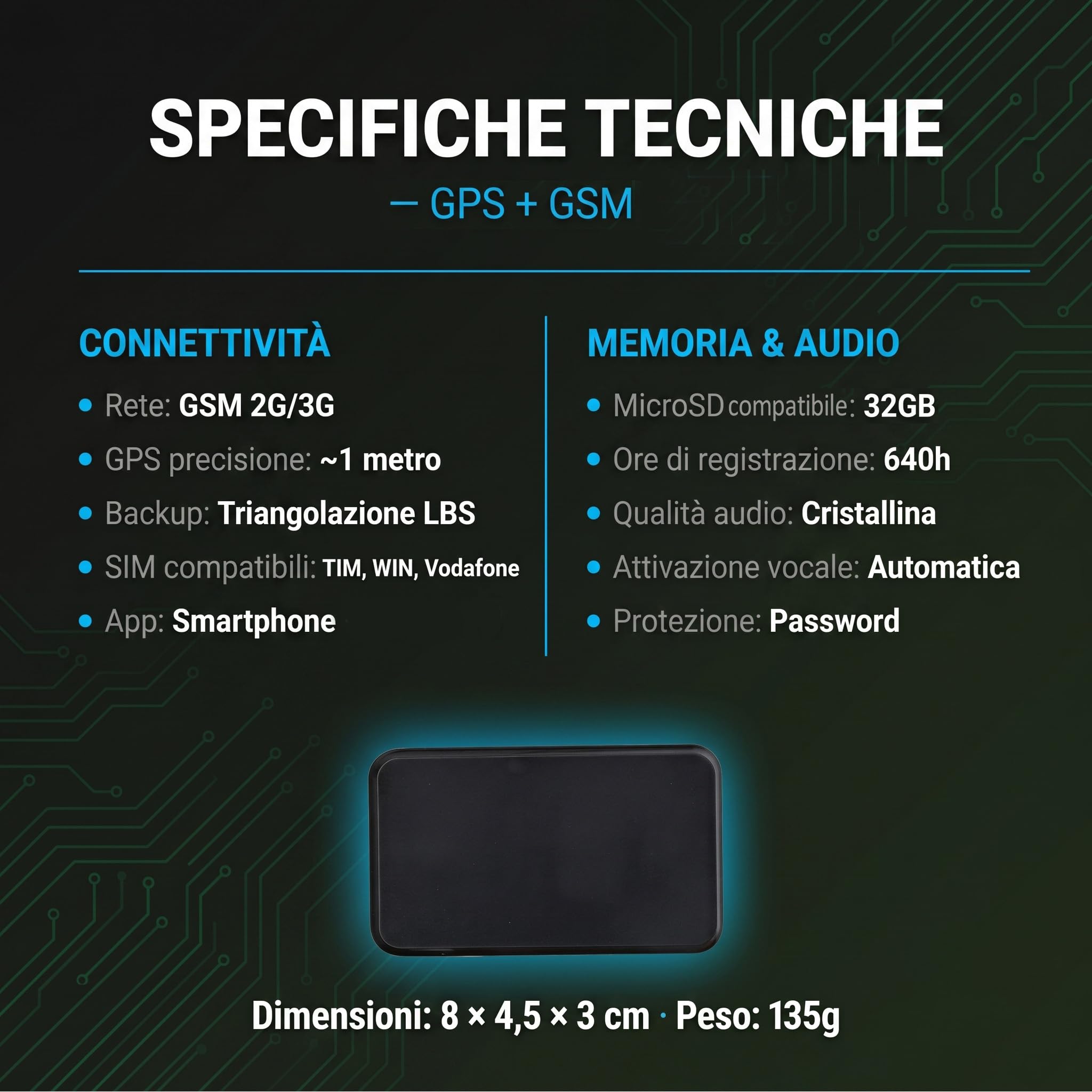 Localizador GPS y micrófono espía GSM Audio en tiempo real – Dispositivo de escucha profesional con sensor de voz – Grabador espía SD 32 GB – Batería 90 días – Seguimiento remoto (TitanTrack X-PRO)