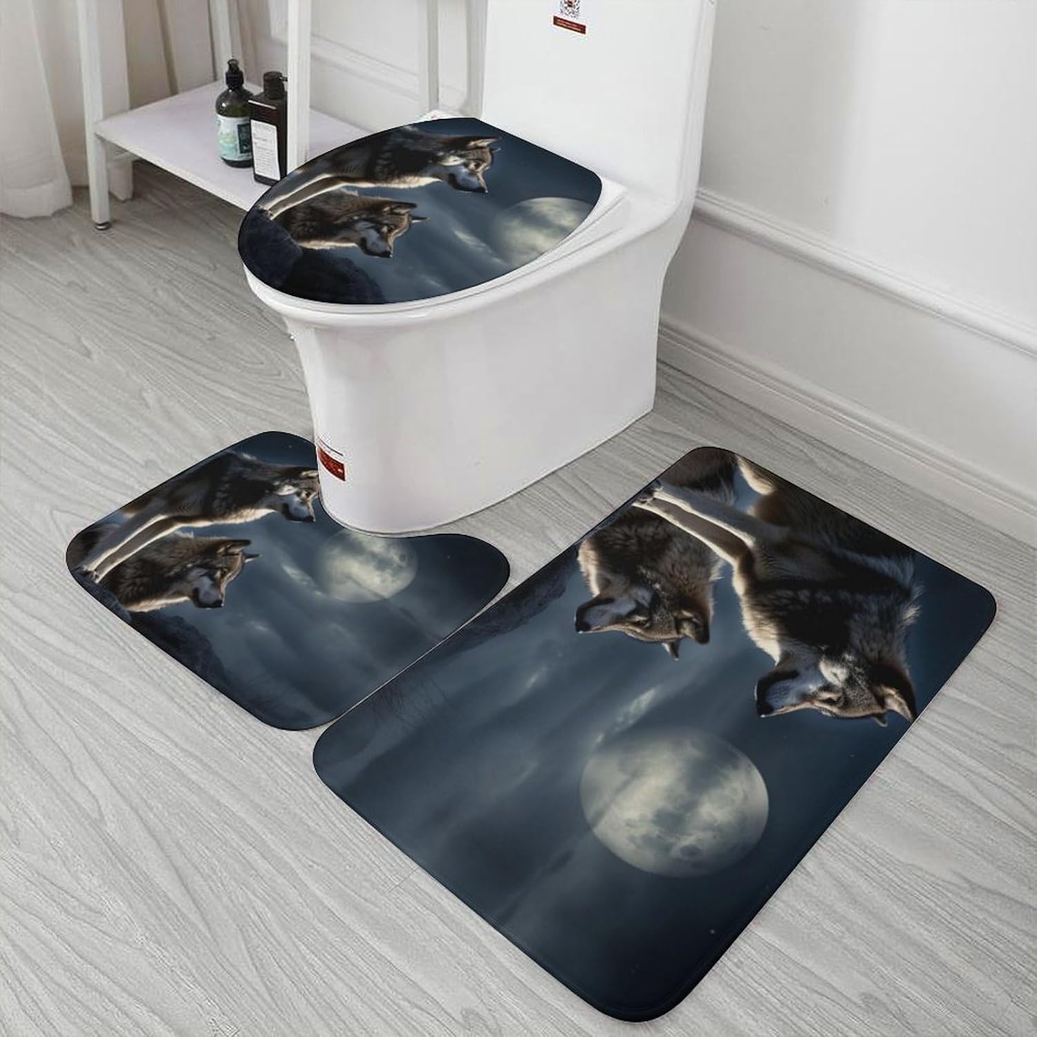 Anti-Skid Floor Mats 3 Piece Set,Wolves in The Moonlight Printed Coral Fleece Bathroom Mats U-Shaped Contour Mat Toilet Seat Cover for Bathroom, Tub, Shower, Kitchen 19.7"x31.5"