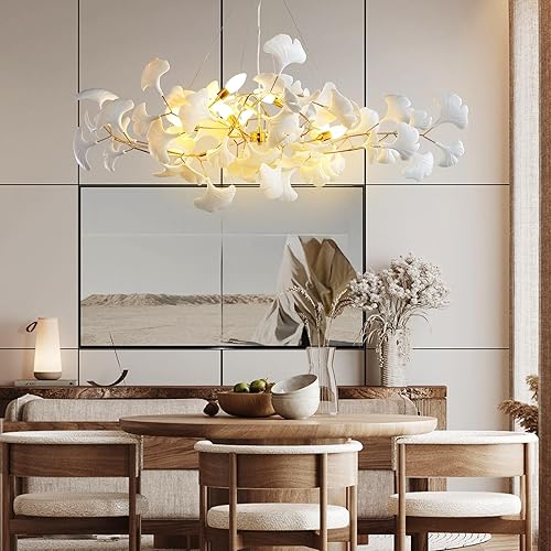 Miniatura 5 de YUYI Candelabros rectangulares de rama, lámpara de hoja de ginkgo para comedor y dormitorio, 47.2 pulgadas, lámparas modernas doradas de lujo,