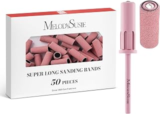 MelodySusie 50 Pcs Nail Drill Bits Super Long Sanding Bands with 6.65mm Crystal Mandrel Bit, 180 Fine Grit Nail File for Acrylic Nails Gel Manicures and Pedicure, Pink