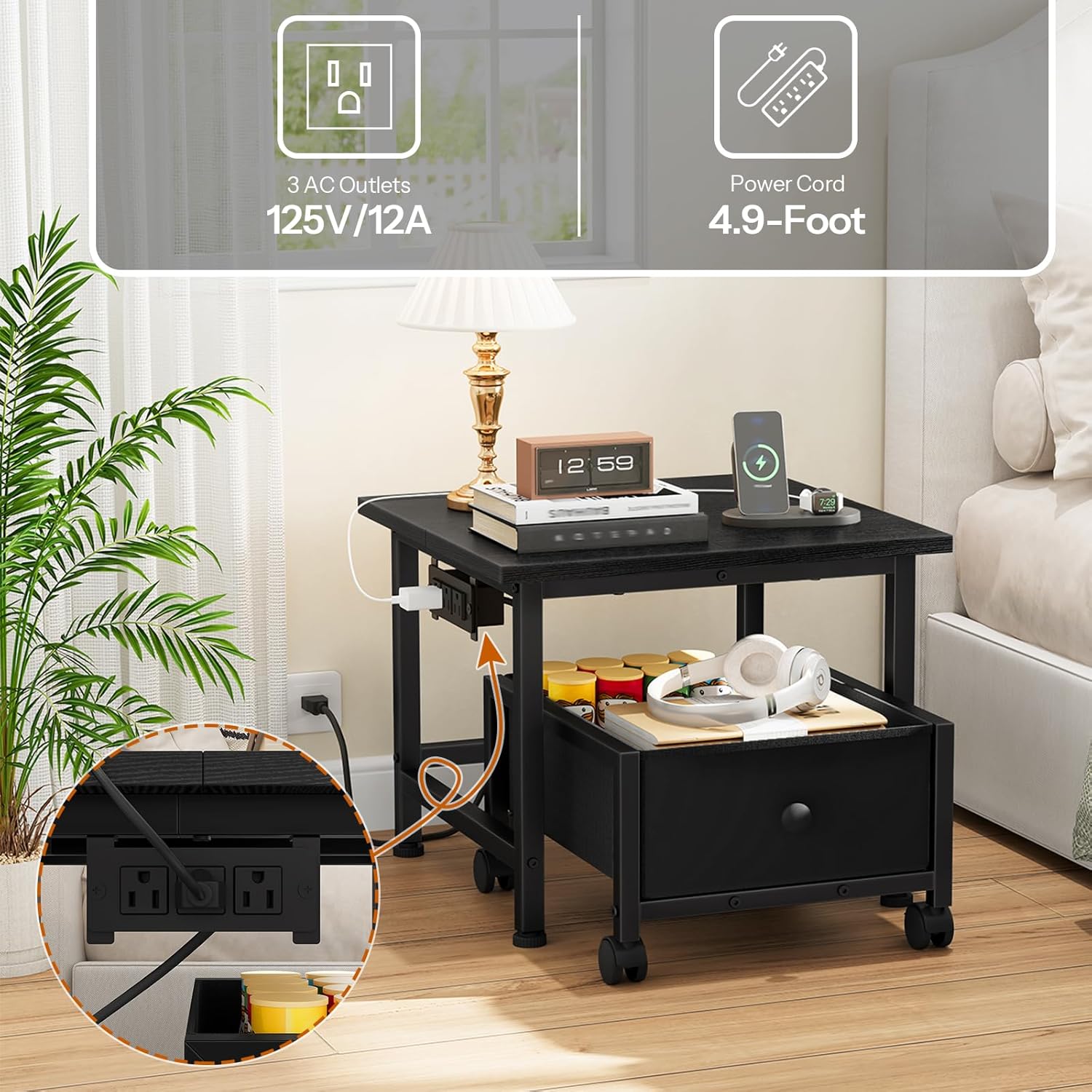 HOOBRO Mini Fridge Stand with Non-Woven Storage Basket and Power Outlet, Mini Fridge Cabinet with Wheels and Adjustable Feet, Mobile Fridge Shelf, for Home, Apartment, Dorm, Black BB355UBX01