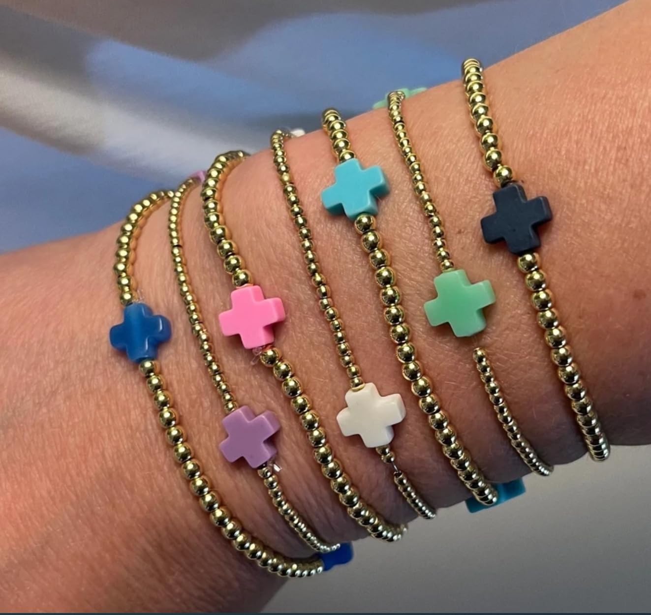 choice of all Gold Bracelets for Women Stack Non Tarnish Cross Pearl Stretch Beaded Bracelets Jewelry Birthday Valentines Day Gifts for Women Easter Basket Stuffers - Image 2