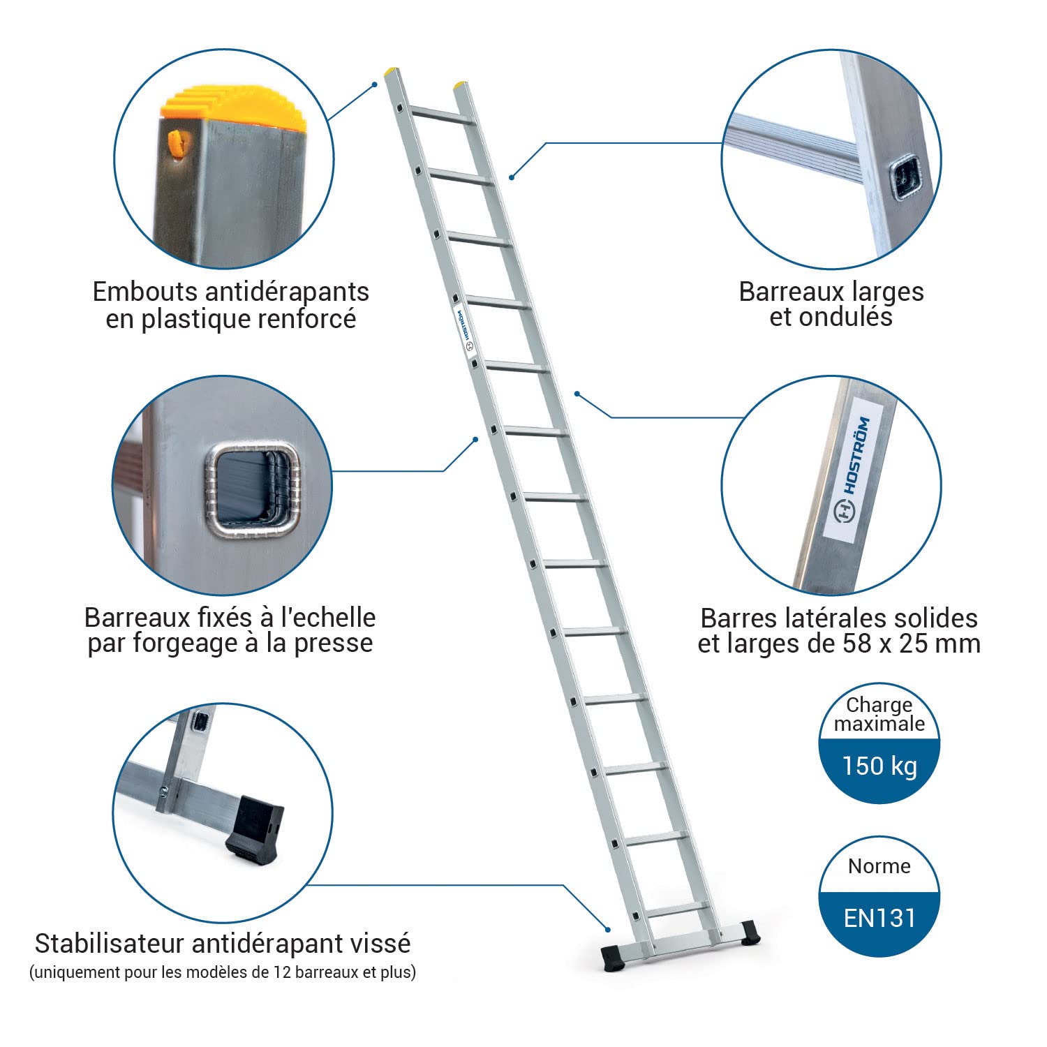 HOSTRÖM Echelle Simple StablePro 13 marches en Aluminium, légère et Durable, Hauteur de Travail maximale 4,49m, Garantie 5 Ans, Charge maximale 150kg