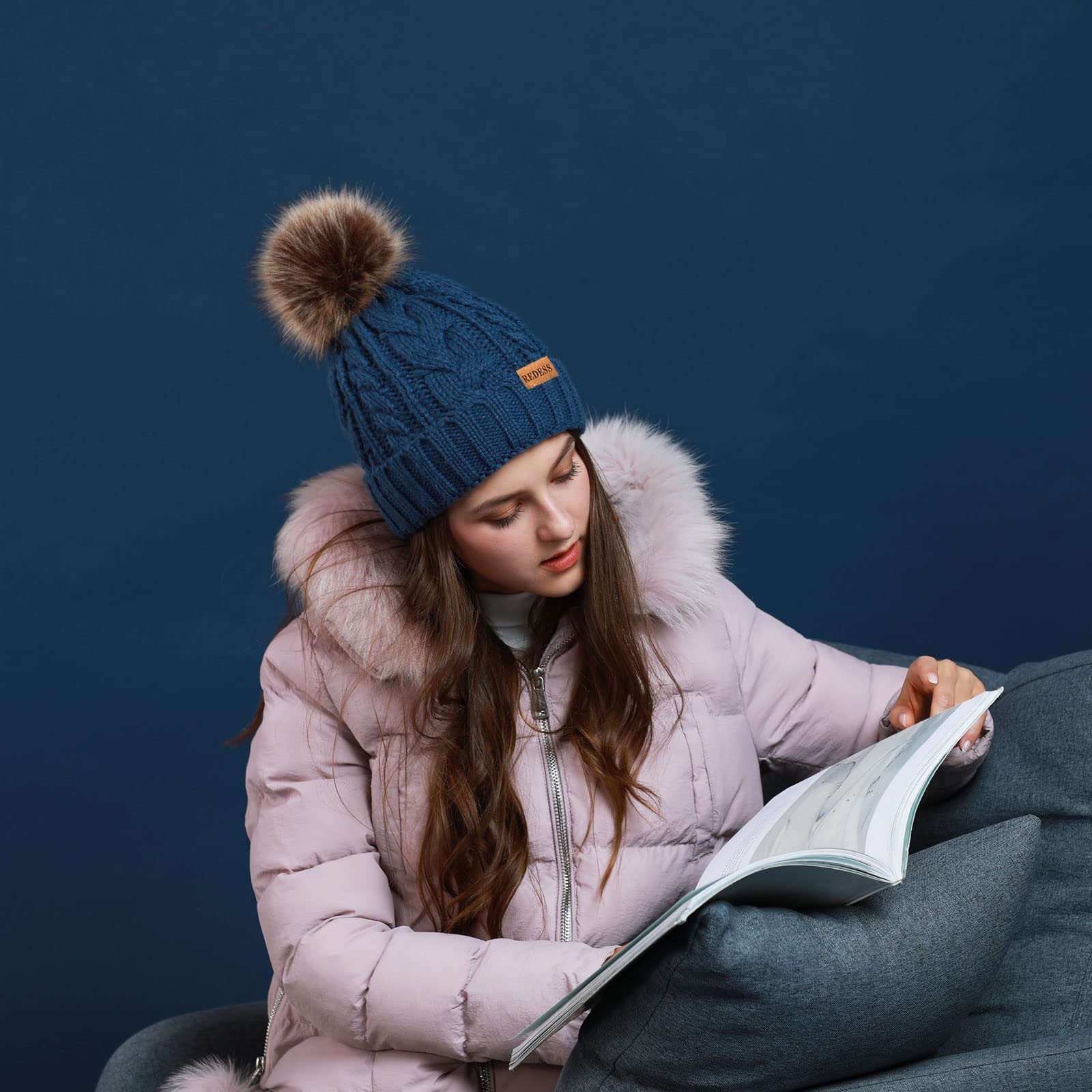 REDESS Cappello Invernale da Donna con Pom Pom Beanie Caldo Foderato in Pile Spesso Slouchy Snow Knit Chunky Baggy Skull Berretto da Sci