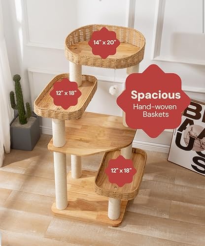 Vista 52 de SHENGOCASE Torre de árbol para gatos con cesta de mimbre de ratán, 3 cestas nido grandes tejidas a mano, percha de ventana para gatos grandes