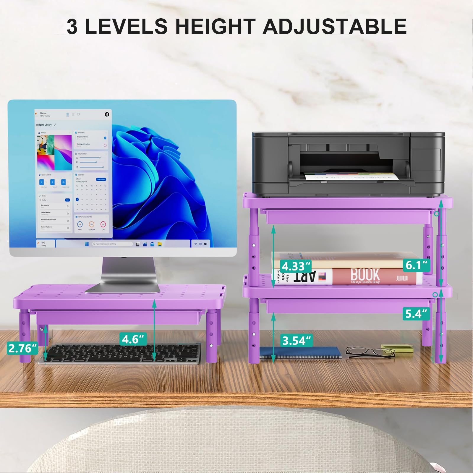 WALI Computer Monitor Stand with Storage, Monitor Riser 3 Height Adjustable view 2