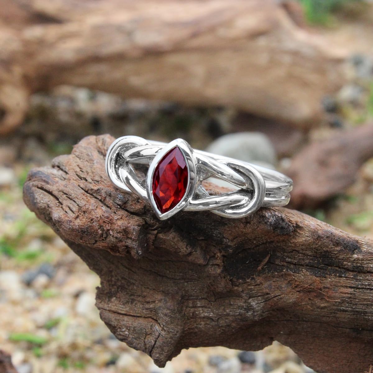 Moonlight Mysteries Sterling Silver Woven Celtic Knot Garnet Gemstone Ring (Sizes 4-15)