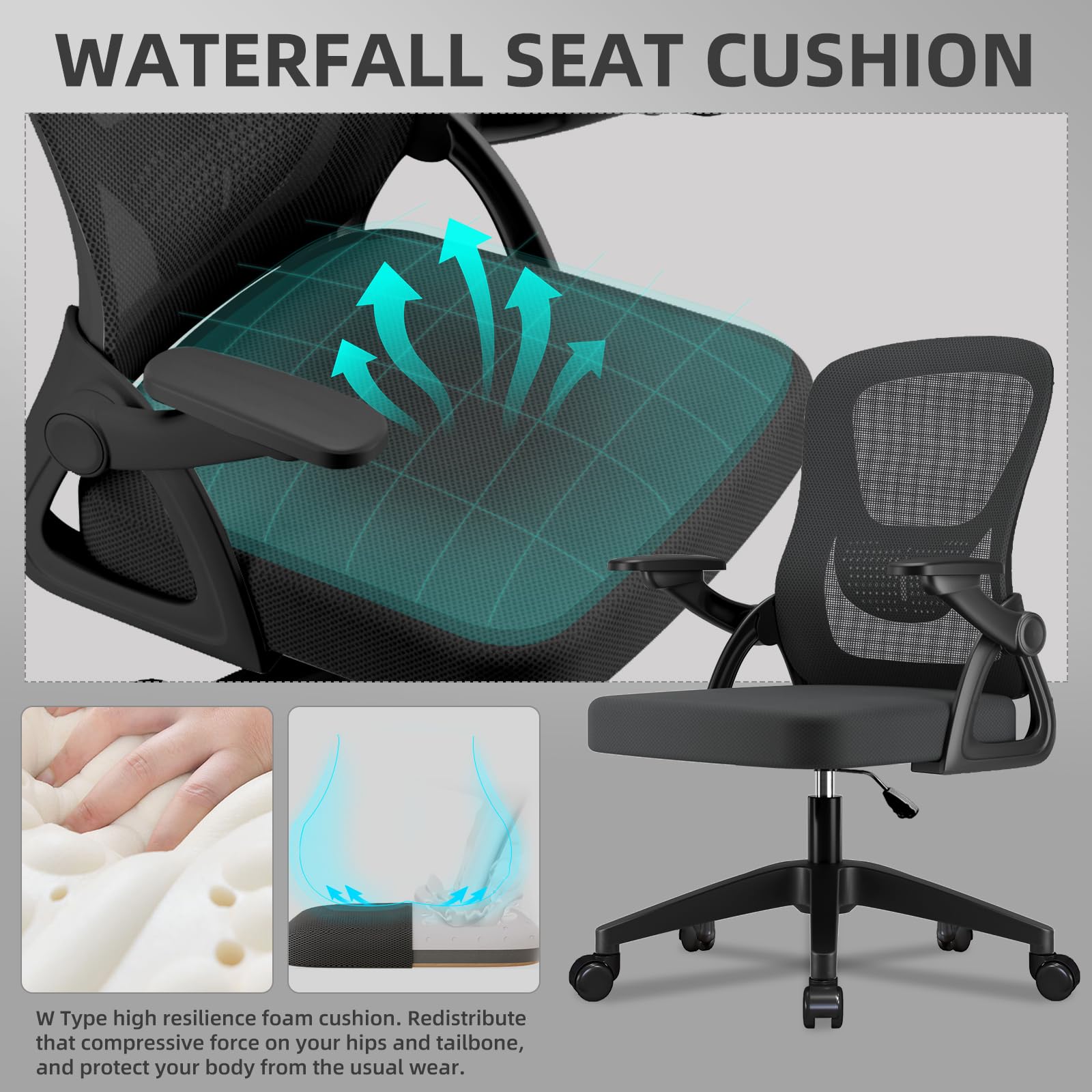 Silla de Oficina con Brazos Abatibles 90°, Malla Transpirable, Altura Regulable, Soporte Lumbar