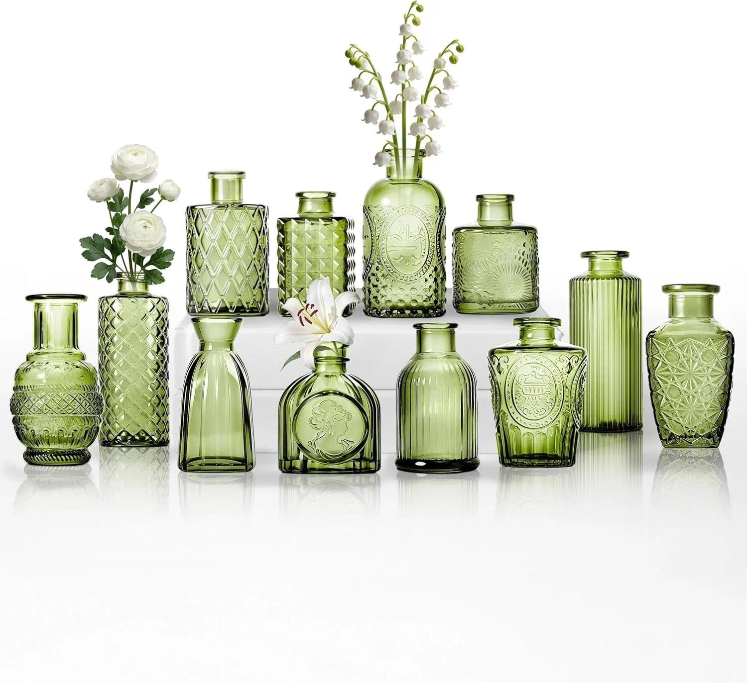 12 Stück, Kleine Glasvasen Small Vase, Vintage-Stil mit Strukturmuster, für Blumen und Heimdekoration (12 Stück)