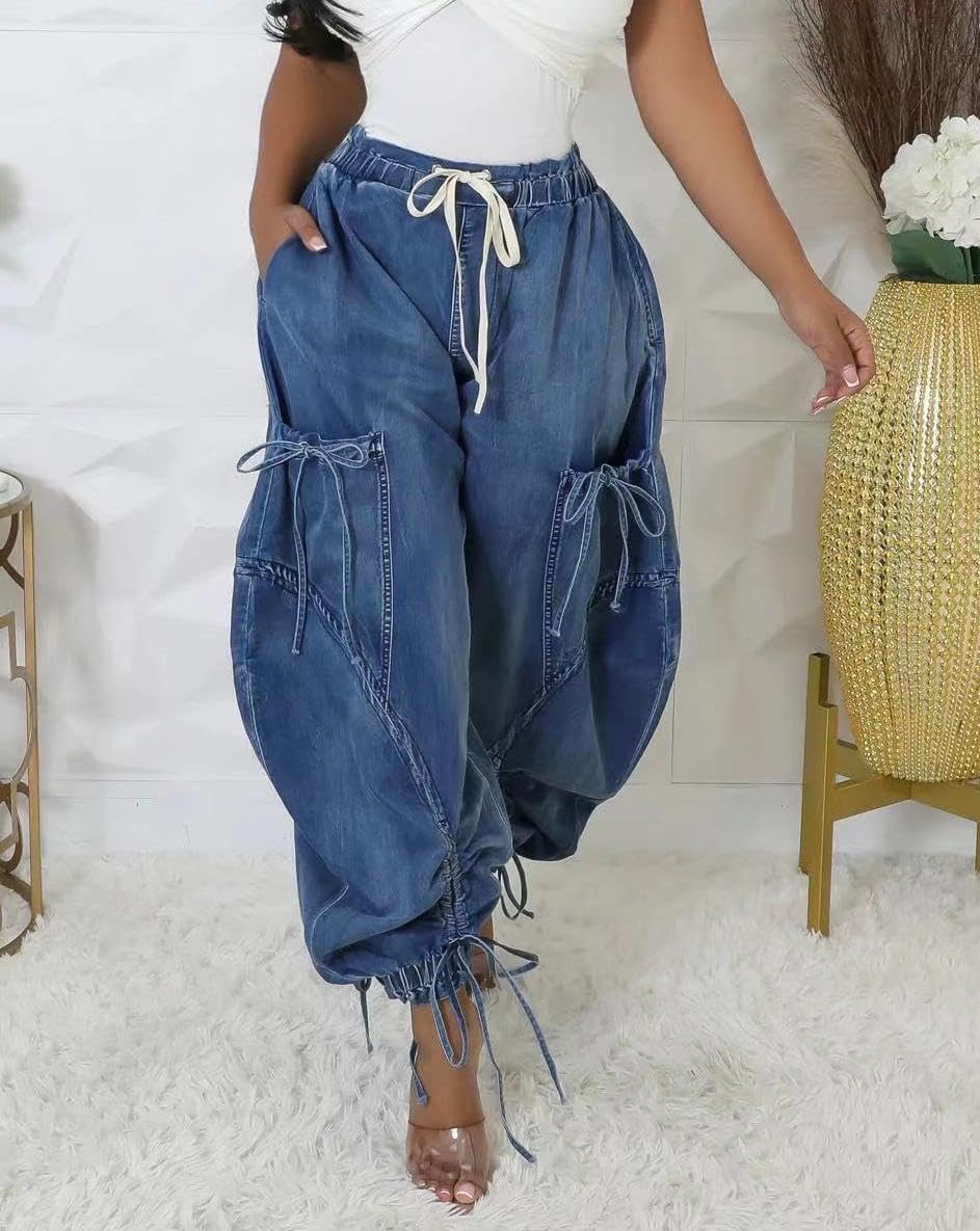 Voghtic Women's Baggy Y2K Elastic Waisted Jeans Bow-Knot Drawstring Pull-On Cargo Denim Pants Harem Pants Streetwear - Image 3
