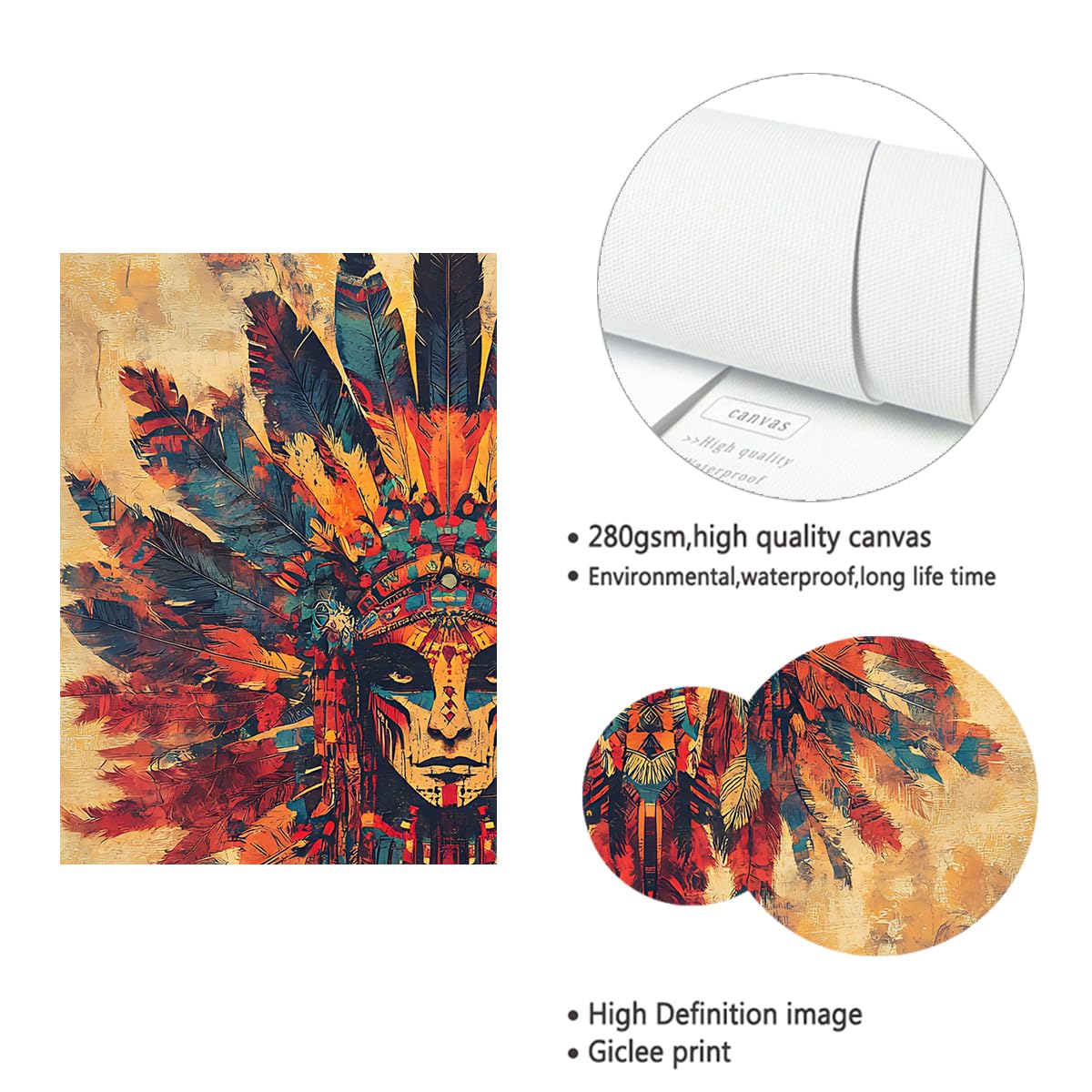 YUNART Wandkunst der amerikanischen Ureinwohner Vintage neutrale Federleinwand Stammesthema Malplakat für Wohnzimmer Schlafzimmer Wohndeko 80x105cm Innenrahmen