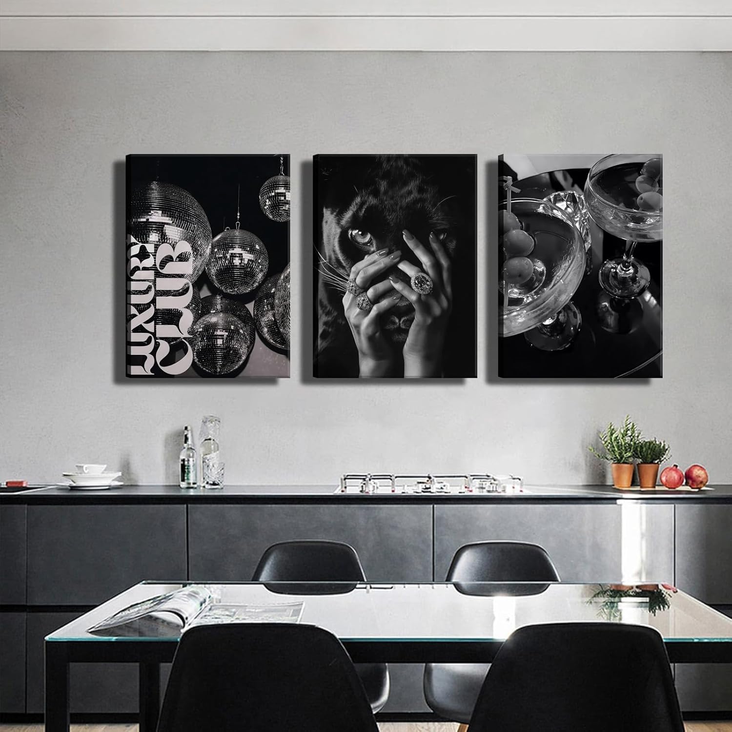 3Pcs Luxury Black And White Cheetah Canvas Wall Art Funky Disco Ball Bar Cart Wall Decor Pictures Fashion Feminism Posters Prints for Girls Bedroom Apartment Dorm Bar Decorations Ready To Hang