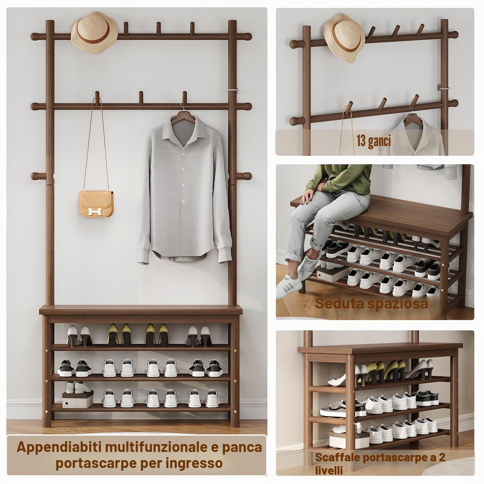 Appendiabiti in bambù con scarpiera e 13 ganci, autoportante, 6 in 1, con divano e scarpiera, per corridoio, lavanderia o camera da letto, noce