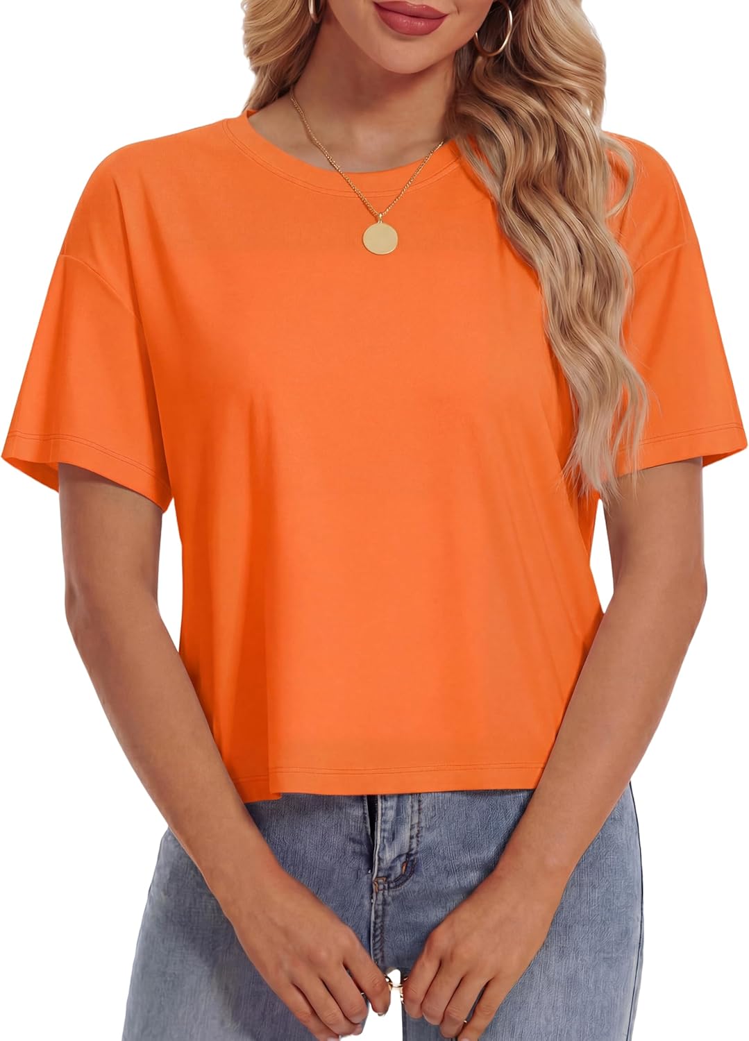 YUCOLEN Women's Crop Tops Summer Short Sleeve Cotton UPF 50+ Round Neck Casual Loose Cropped T-Shirts Solid Basic Tees